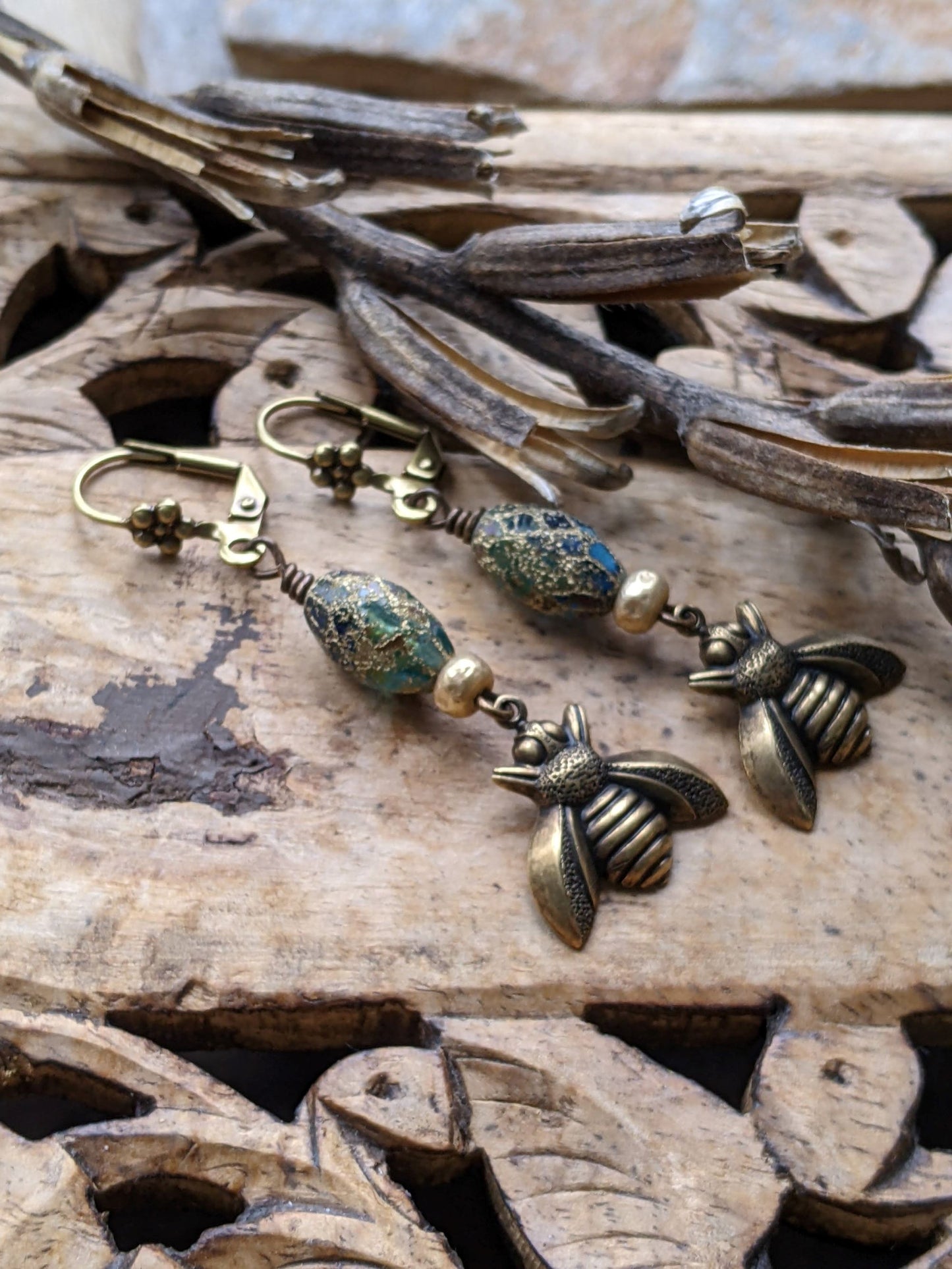 Summer Garden Bee Earrings Blue Glass and Brass