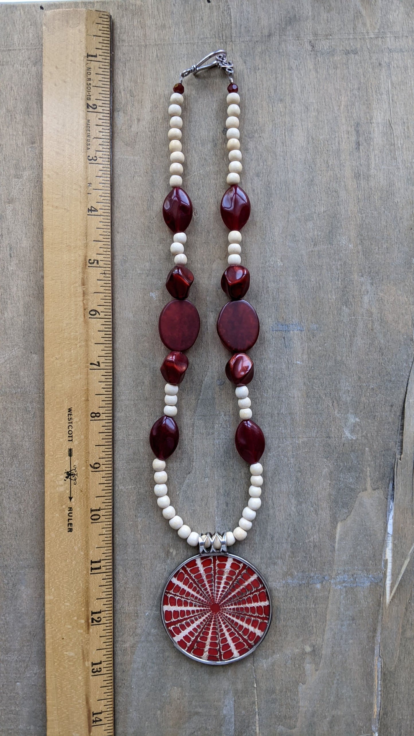 Wood and Red Bead Statement Necklace