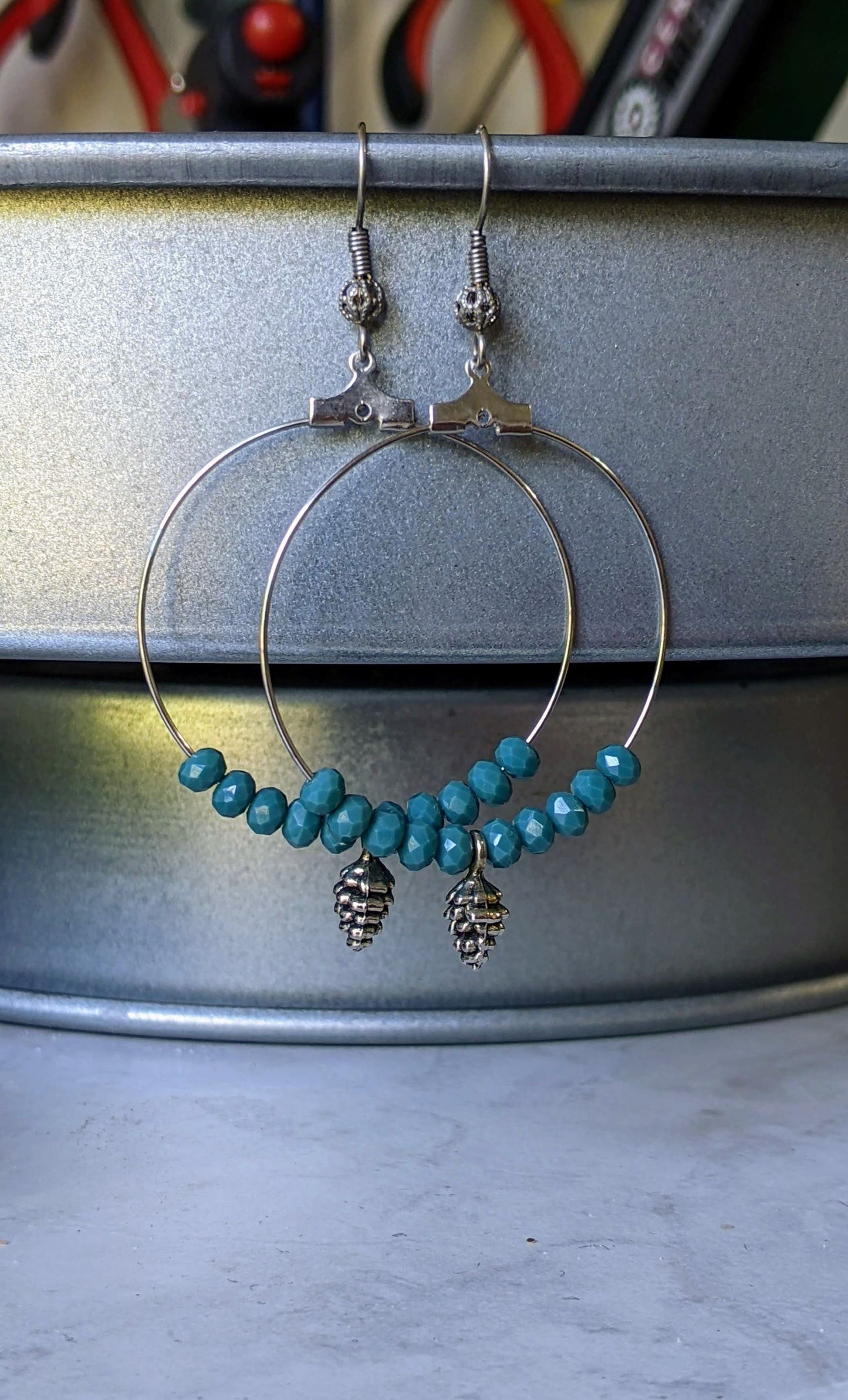 Hoop Earrings with Pine Cone and Blue Glass