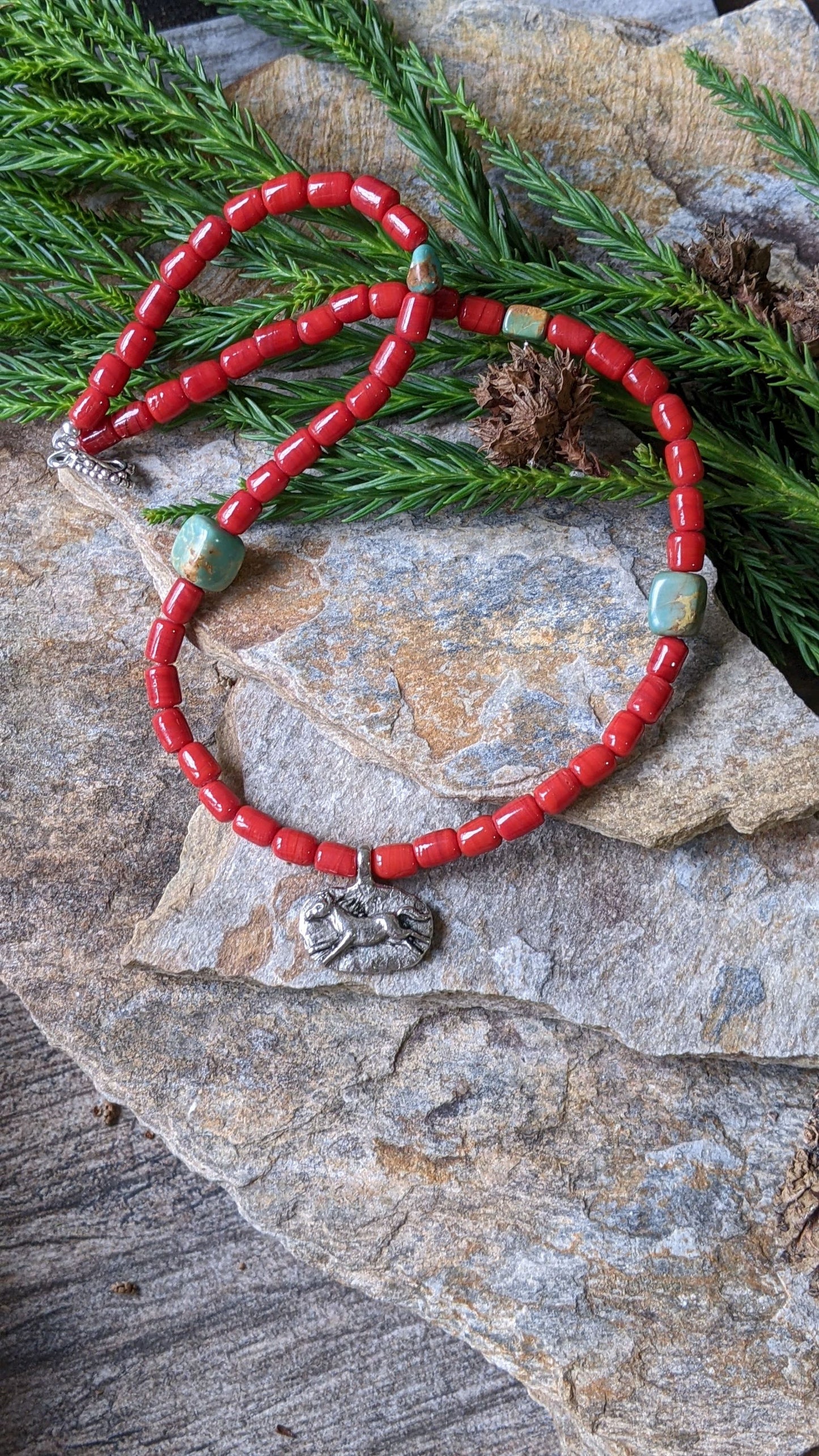 Turquoise and Red Glass Necklace ~ Like the Wind