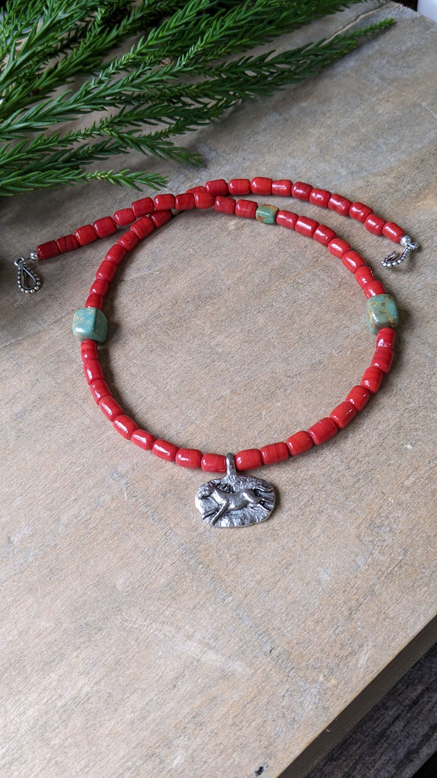 Turquoise and Red Glass Necklace ~ Like the Wind