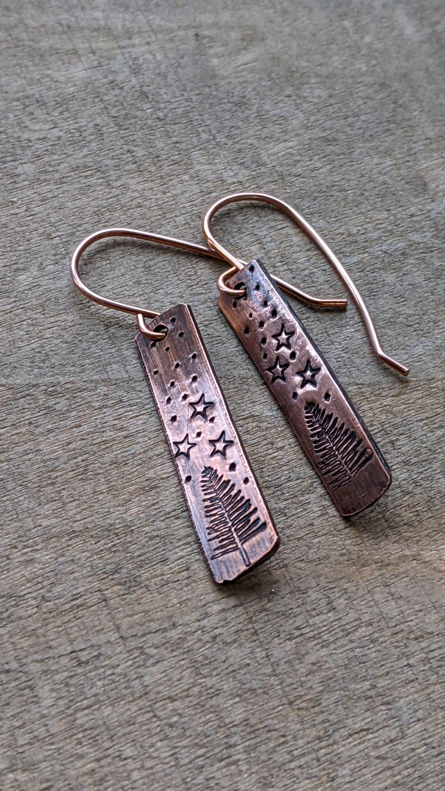 Stamped Copper Earrings  Starry Winter Night