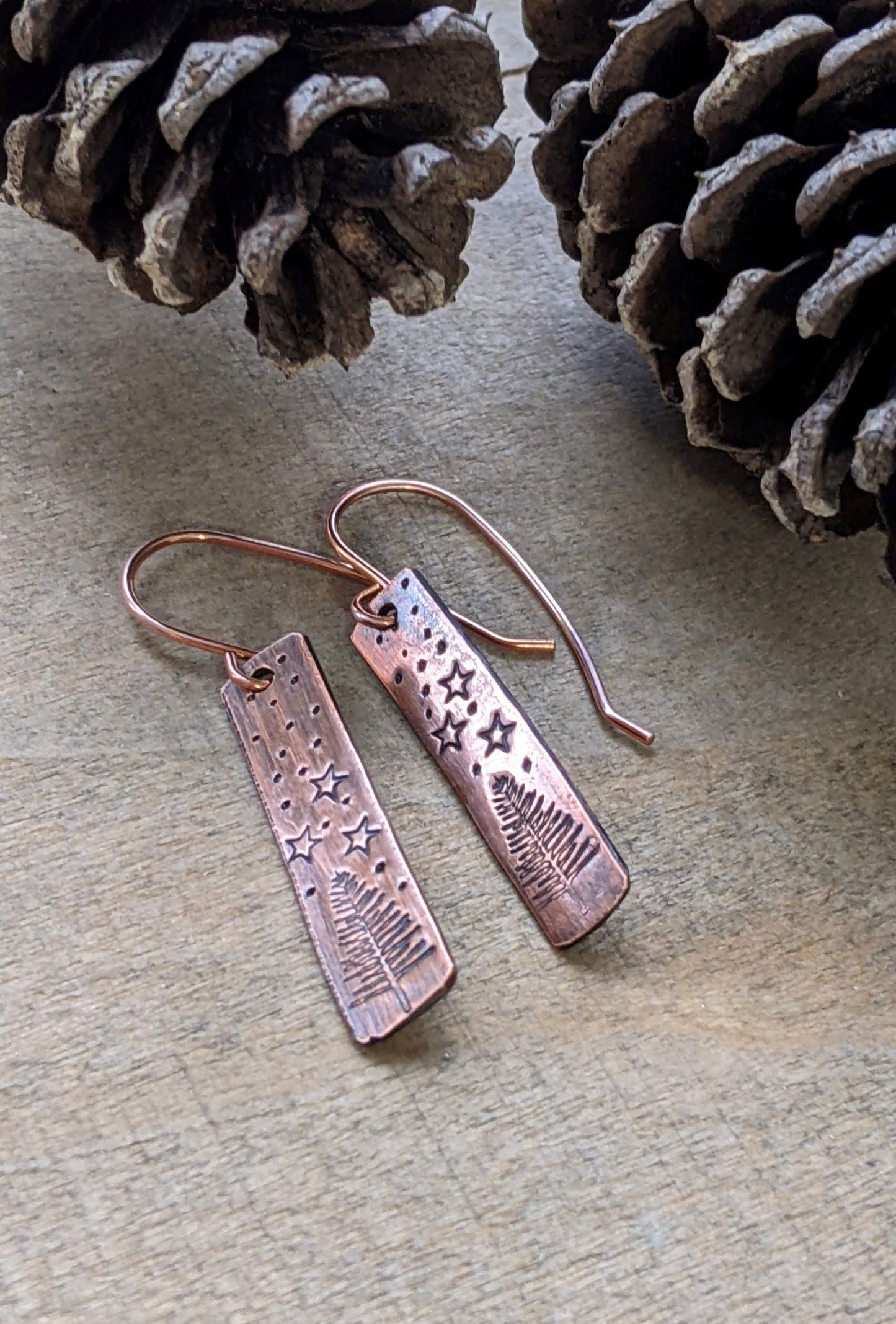 Stamped Copper Earrings  Starry Winter Night