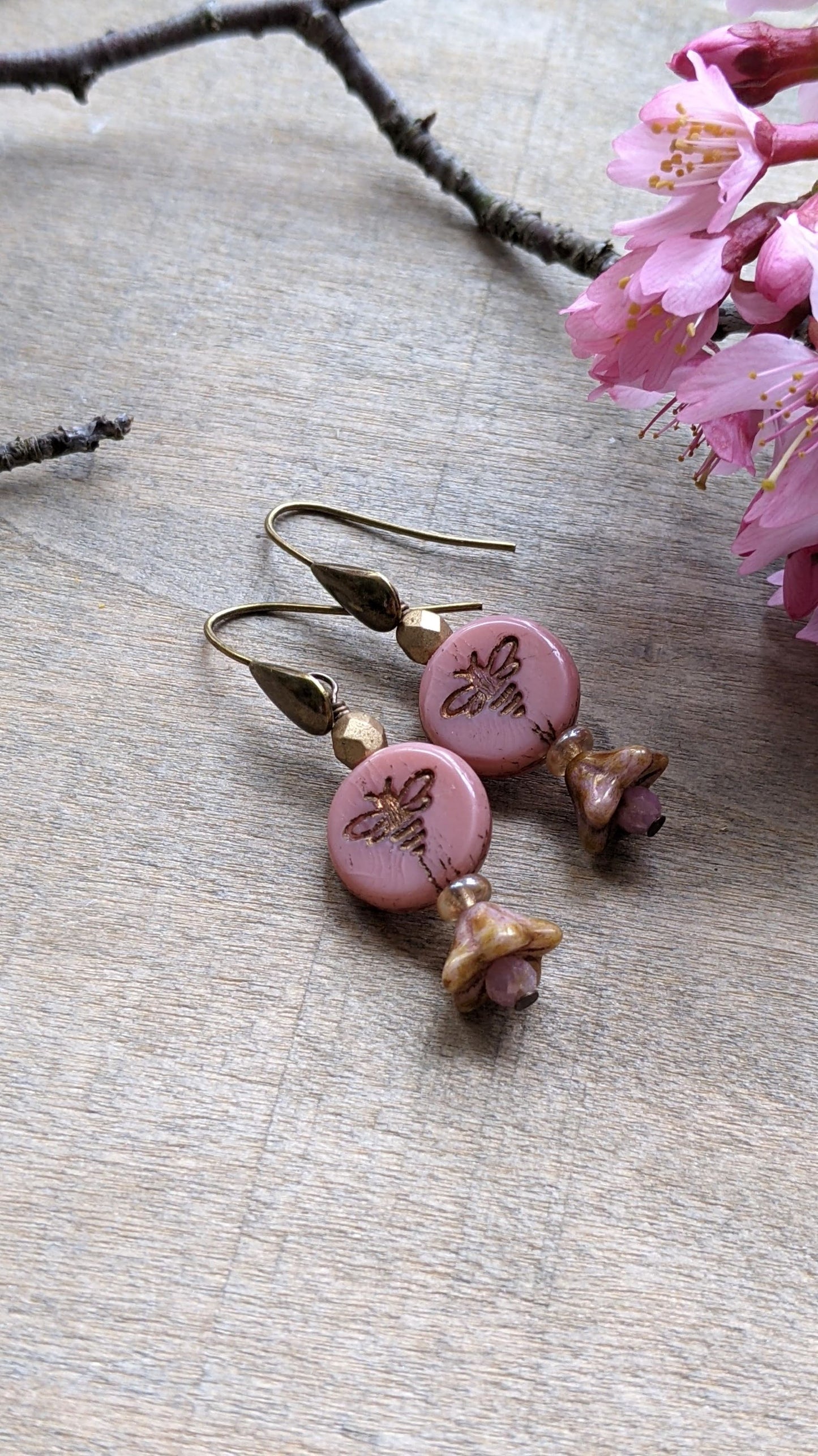 Bee Earrings Pink Glass ~ Welcome Spring