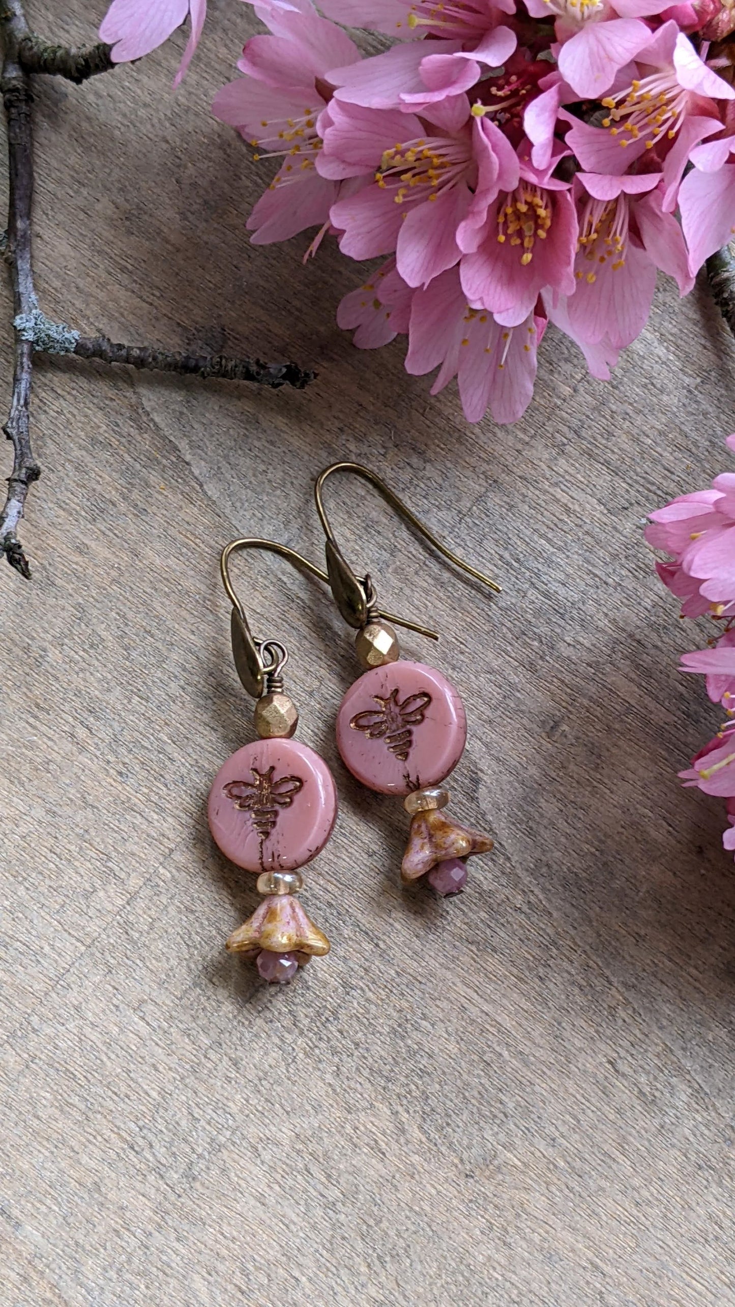 Bee Earrings Pink Glass ~ Welcome Spring