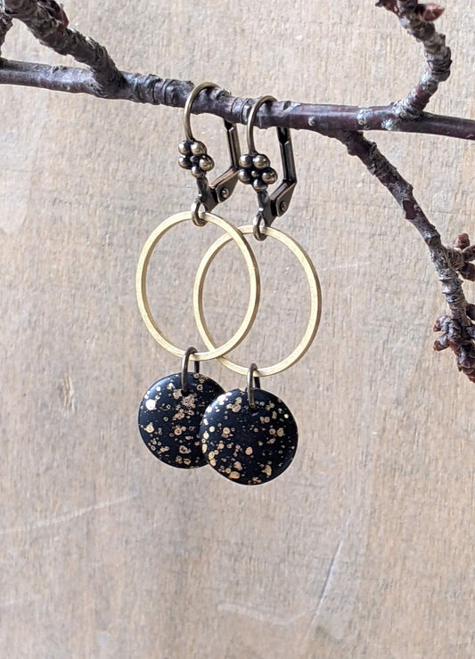 Starry Night Skies ~ Brass and Gold Speckled Black Glass Earrings