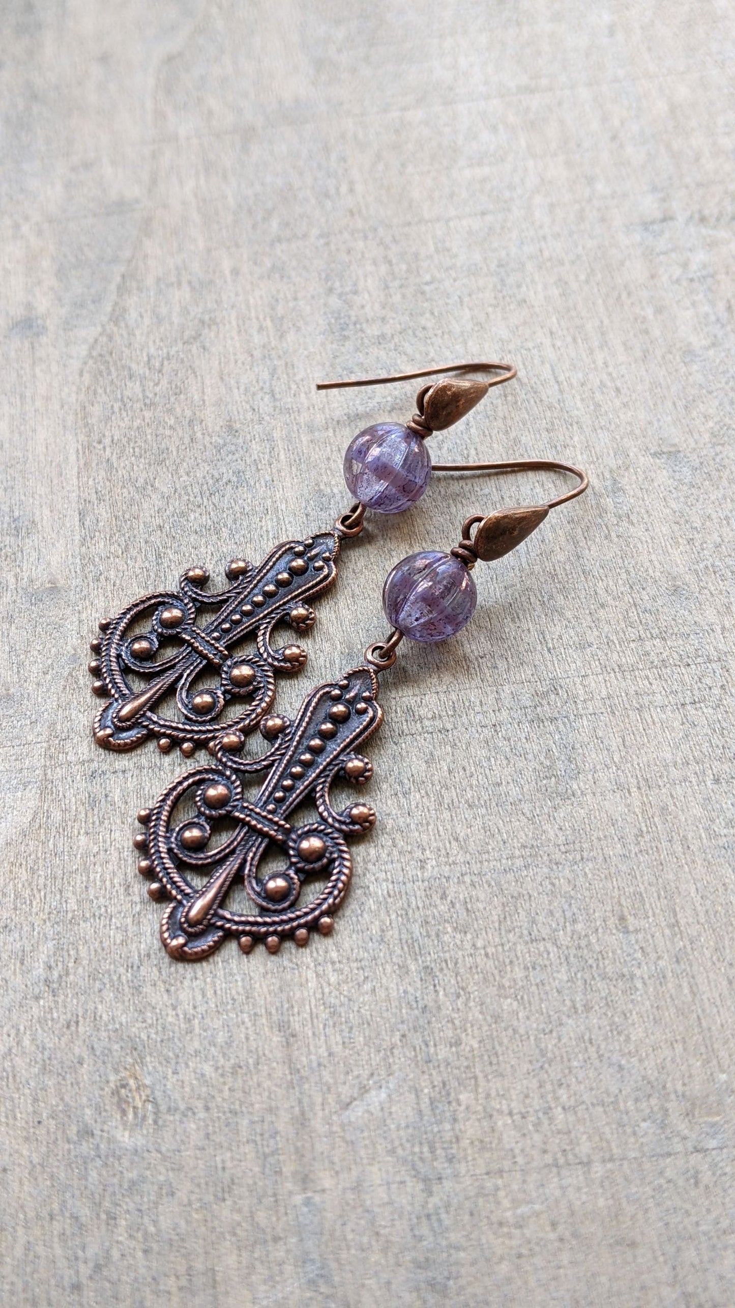 Purple Glass and Copper Filigree Earrings