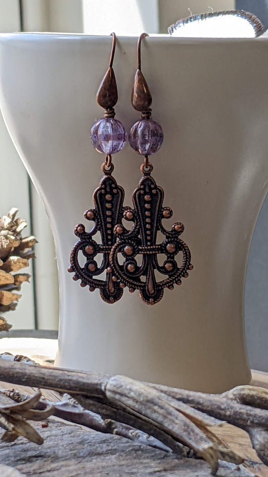 Purple Glass and Copper Filigree Earrings