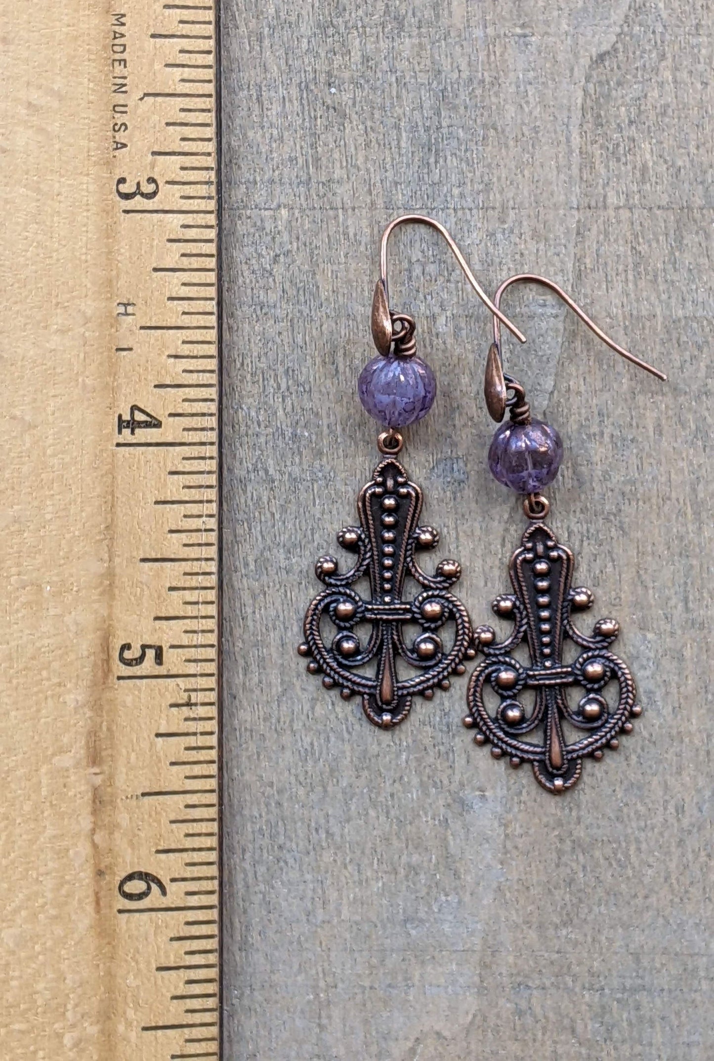 Purple Glass and Copper Filigree Earrings
