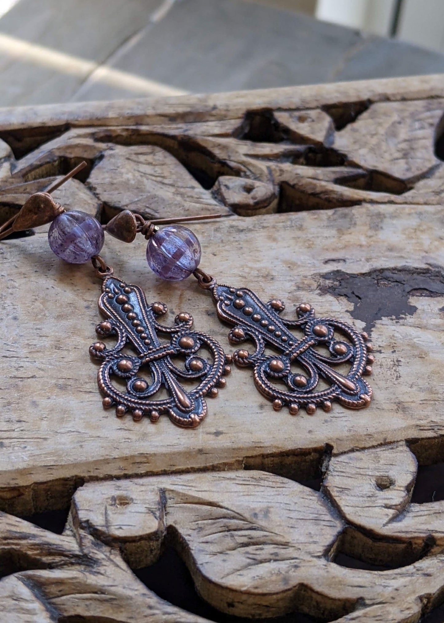 Purple Glass and Copper Filigree Earrings