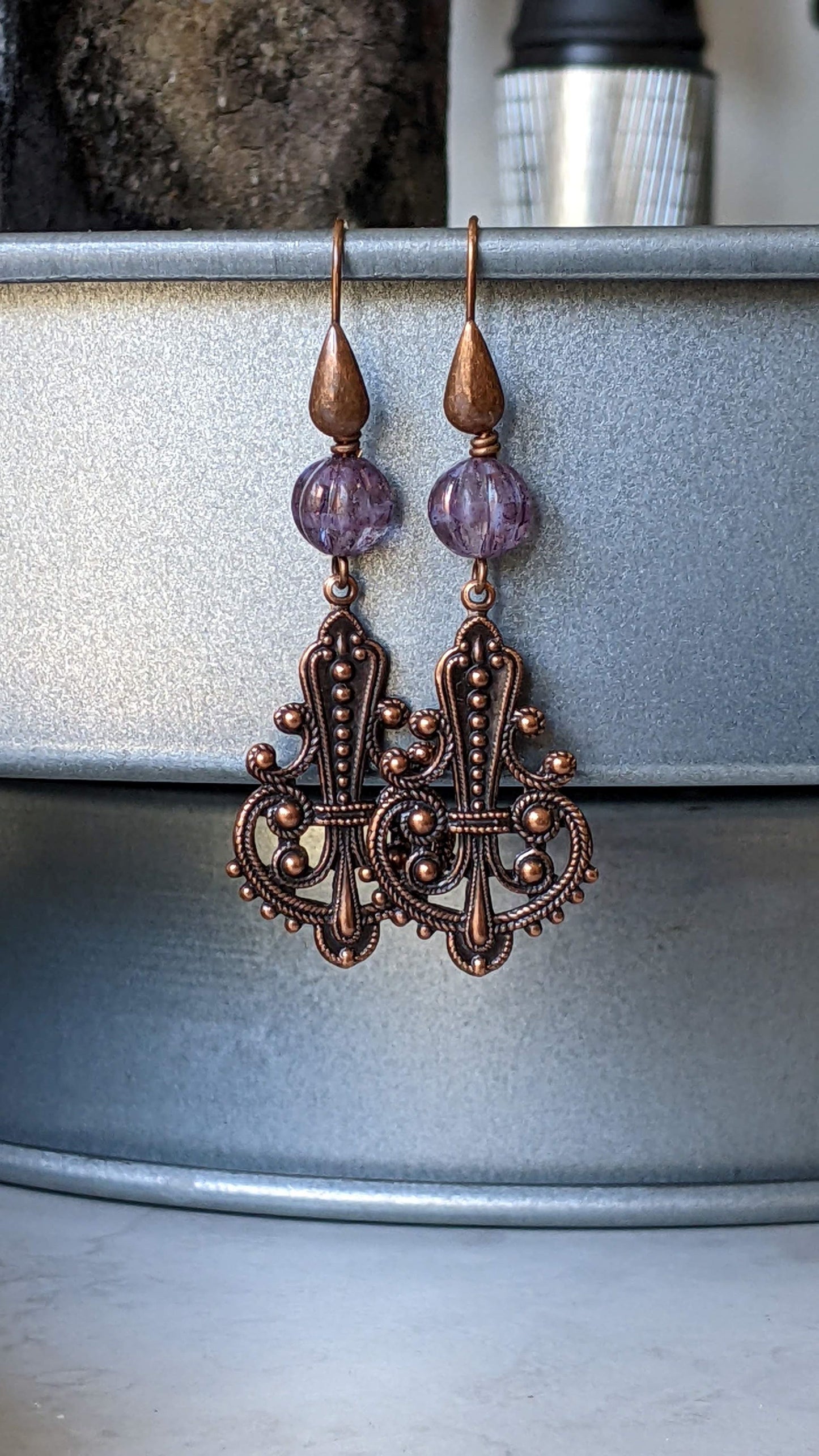 Purple Glass and Copper Filigree Earrings