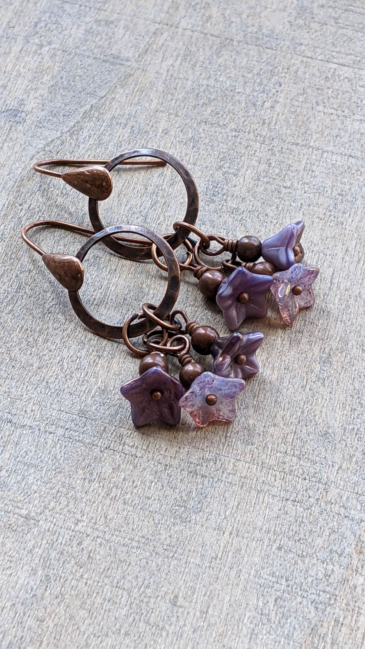 Flower Dangle Earrings  Purple and Copper