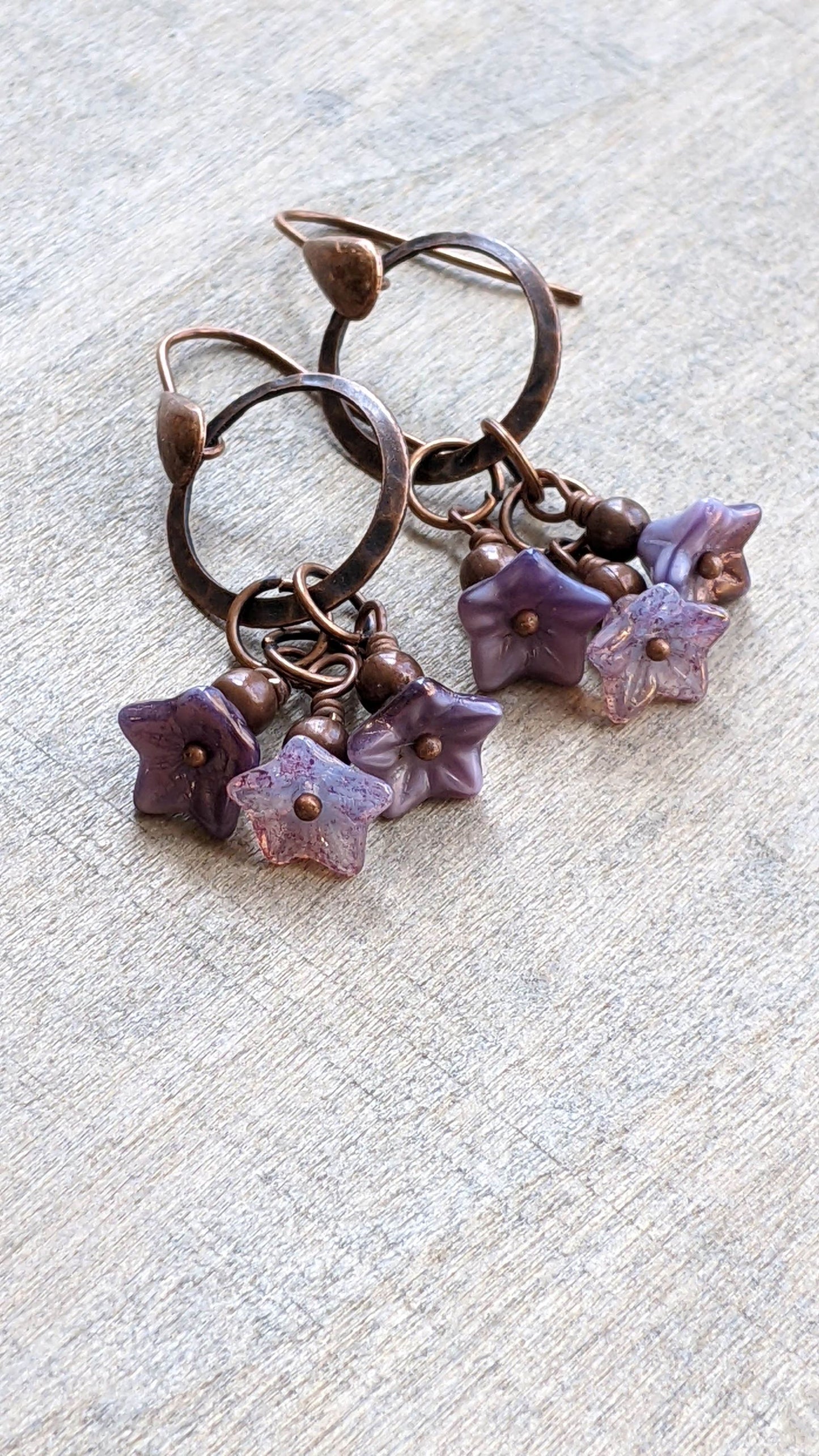 Flower Dangle Earrings  Purple and Copper