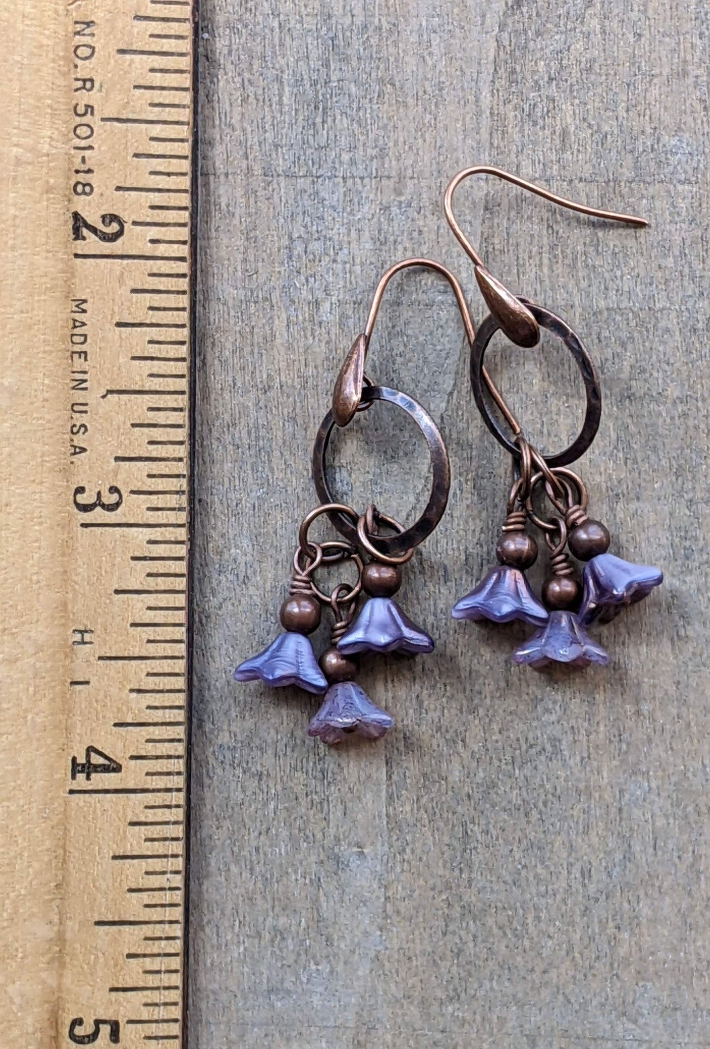 Flower Dangle Earrings  Purple and Copper