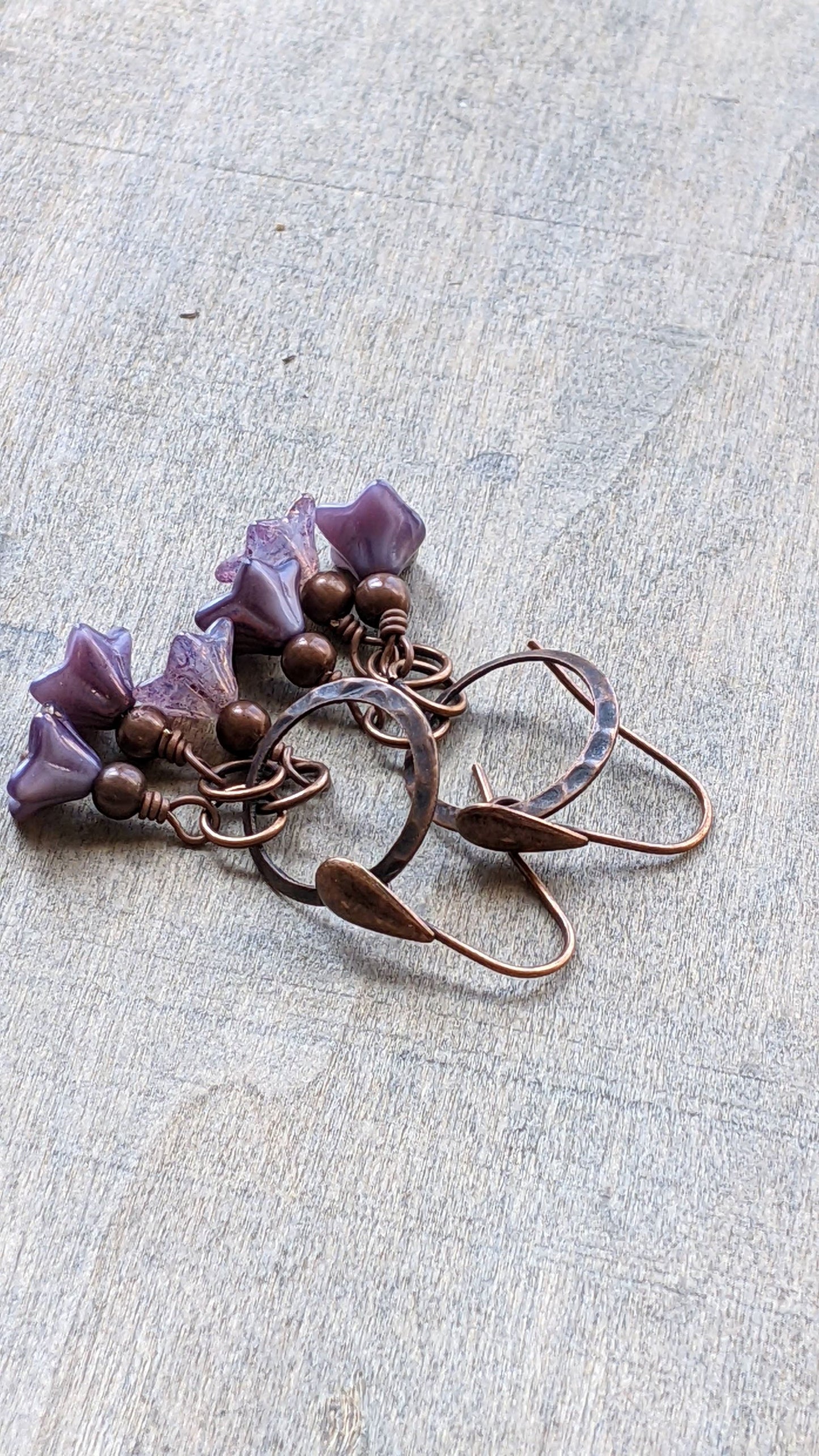 Flower Dangle Earrings  Purple and Copper