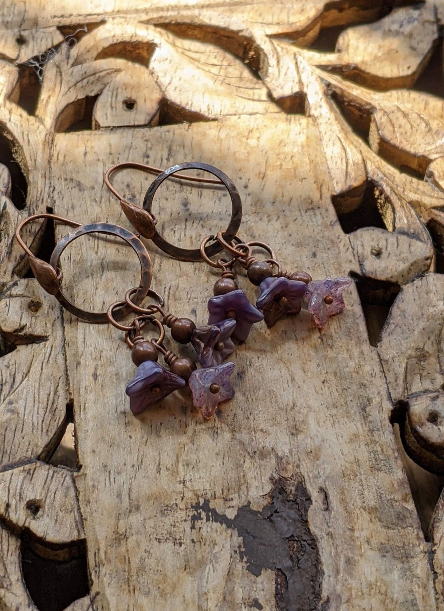 Flower Dangle Earrings  Purple and Copper