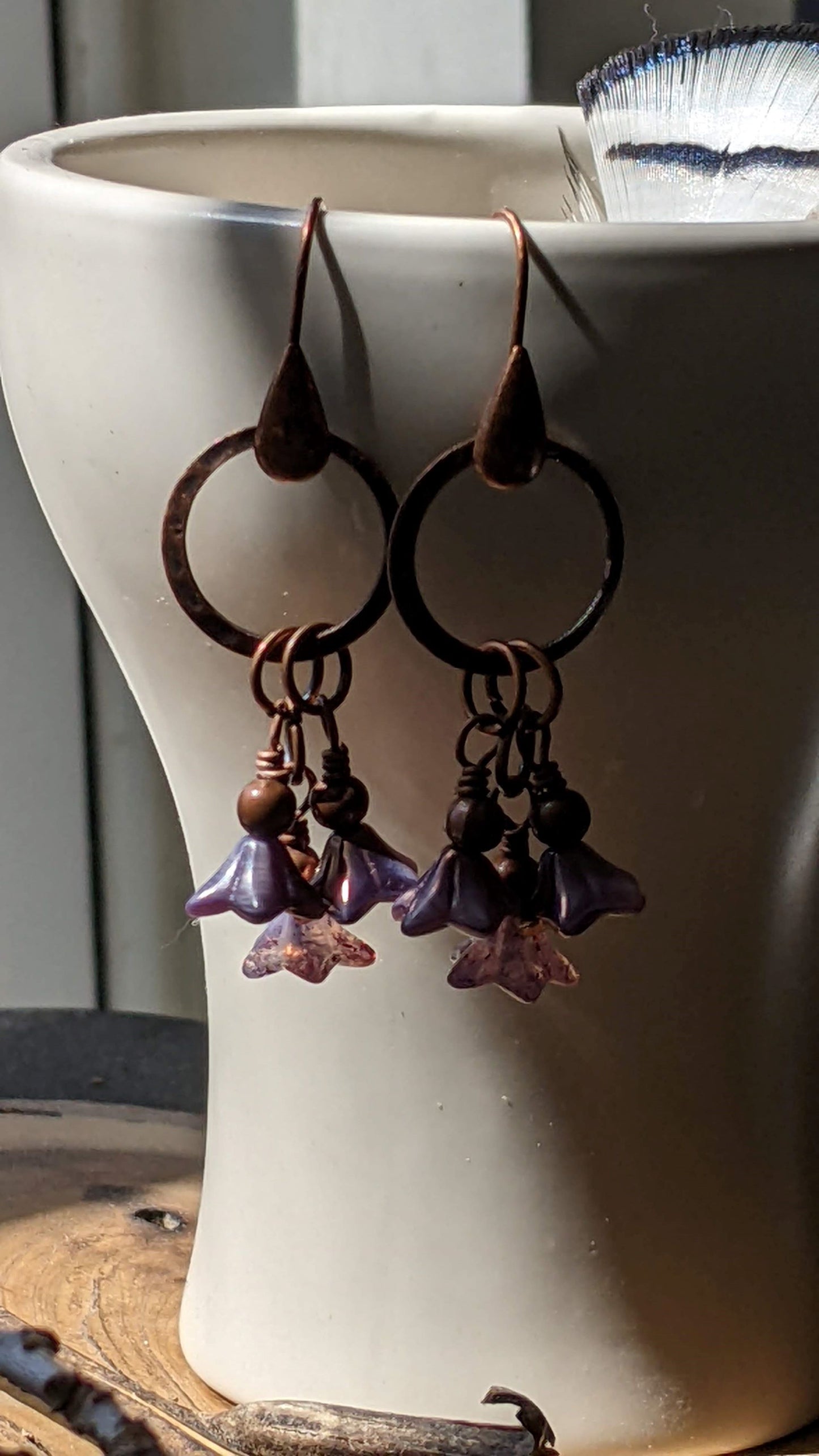 Flower Dangle Earrings  Purple and Copper