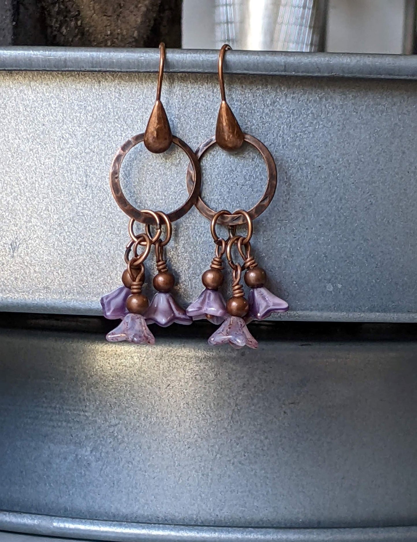 Flower Dangle Earrings  Purple and Copper