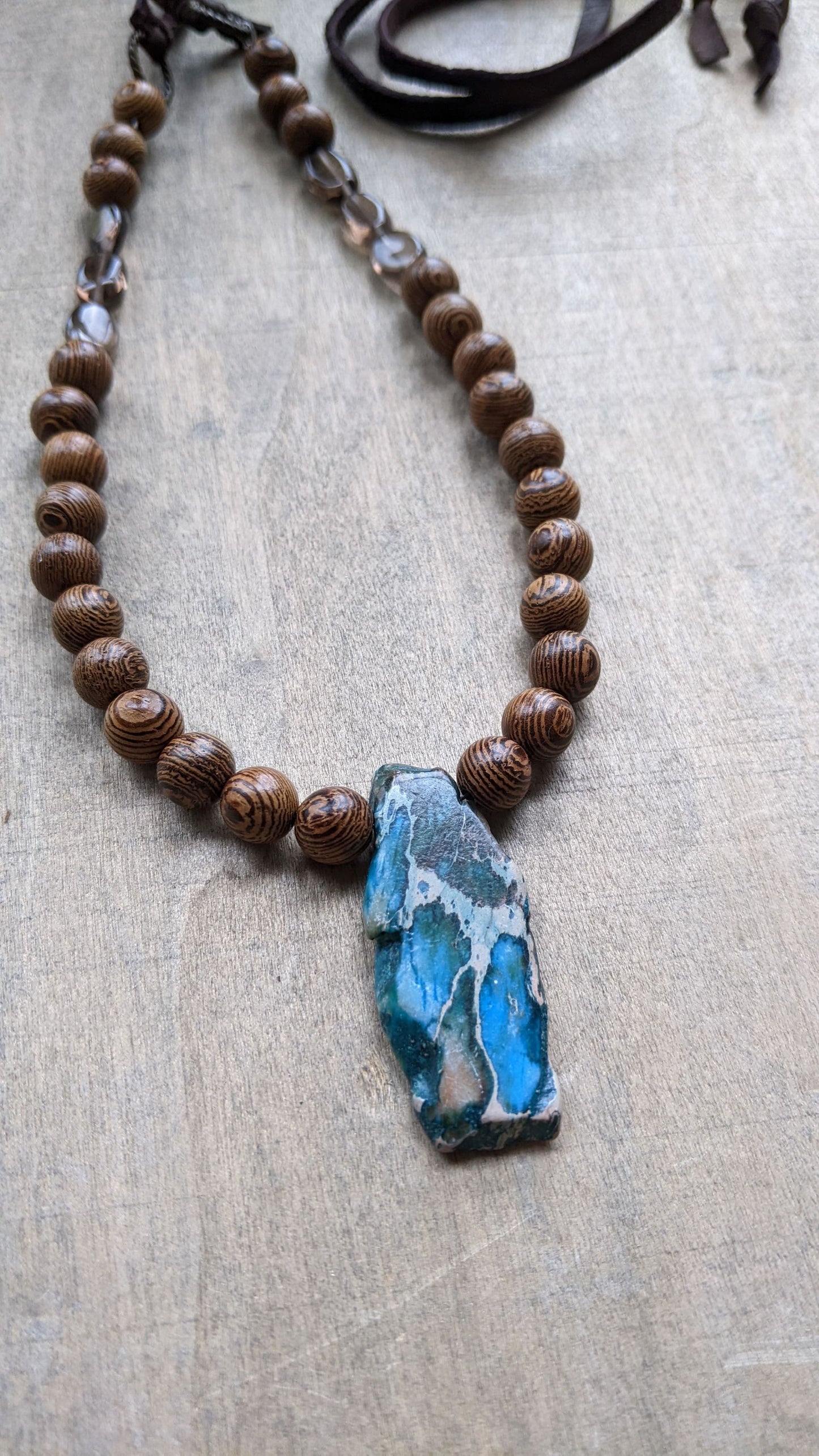 Leather Wood and Gemstone Adjustable Necklace