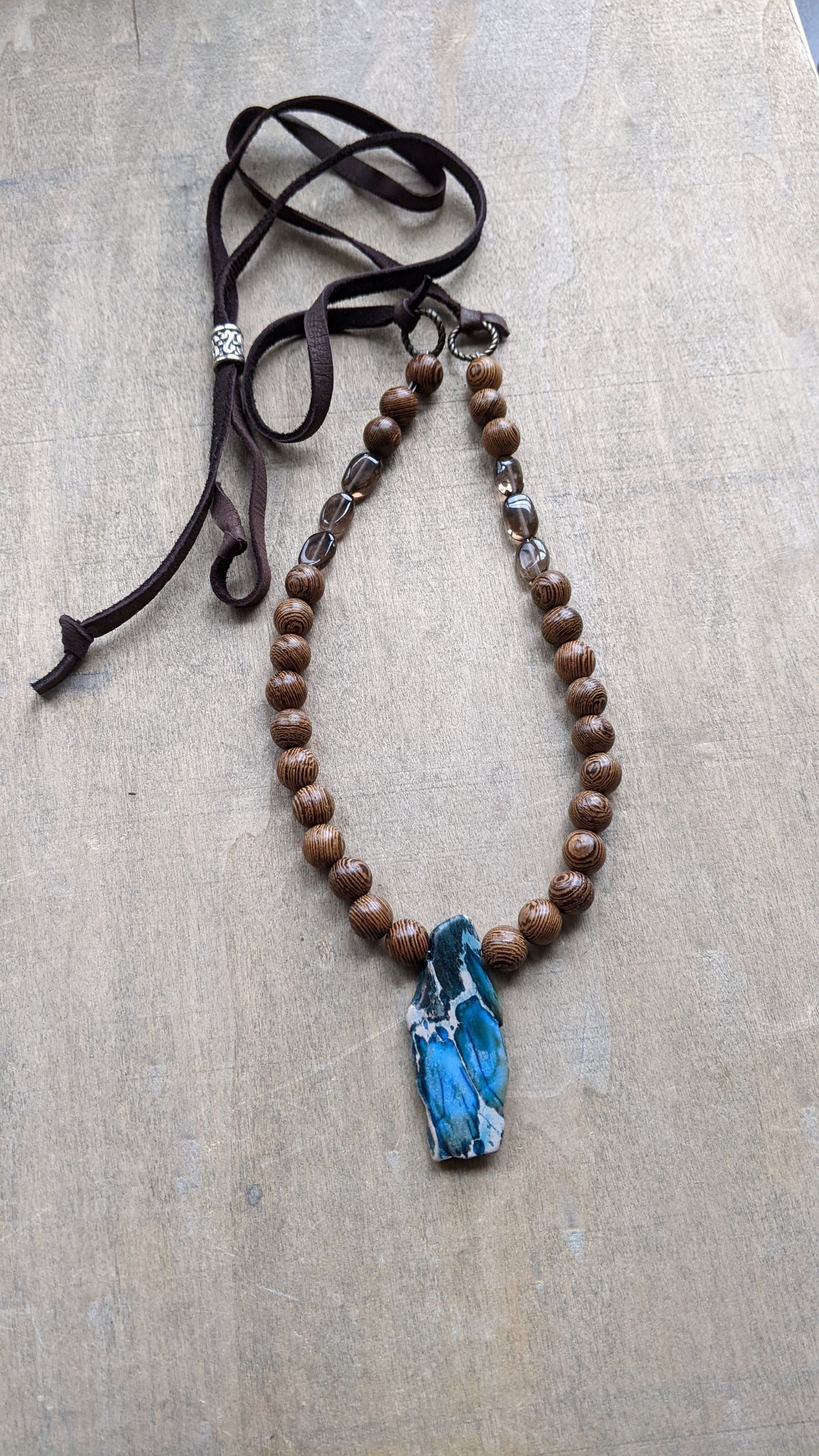 Leather Wood and Gemstone Adjustable Necklace