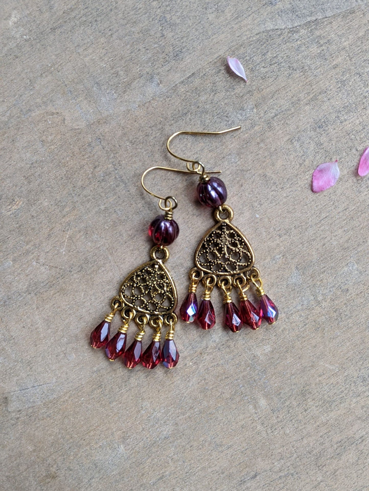 Chandelier Earrings Red and Gold