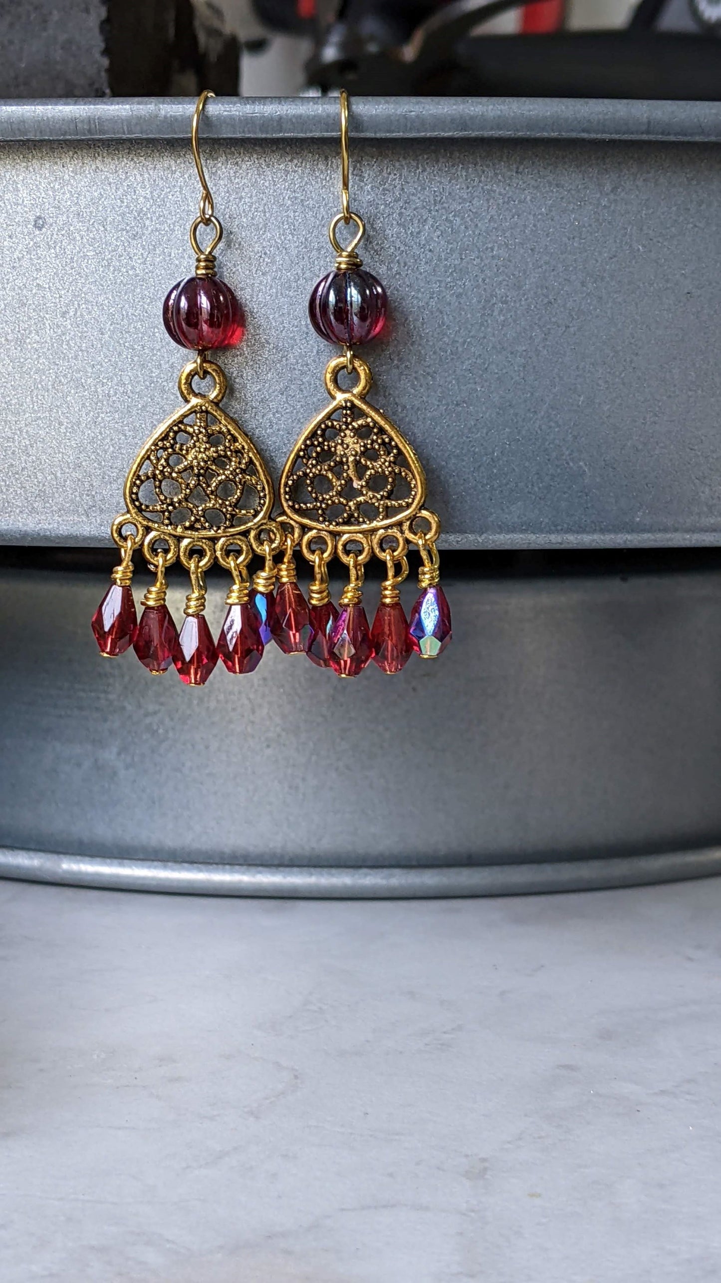 Chandelier Earrings Red and Gold