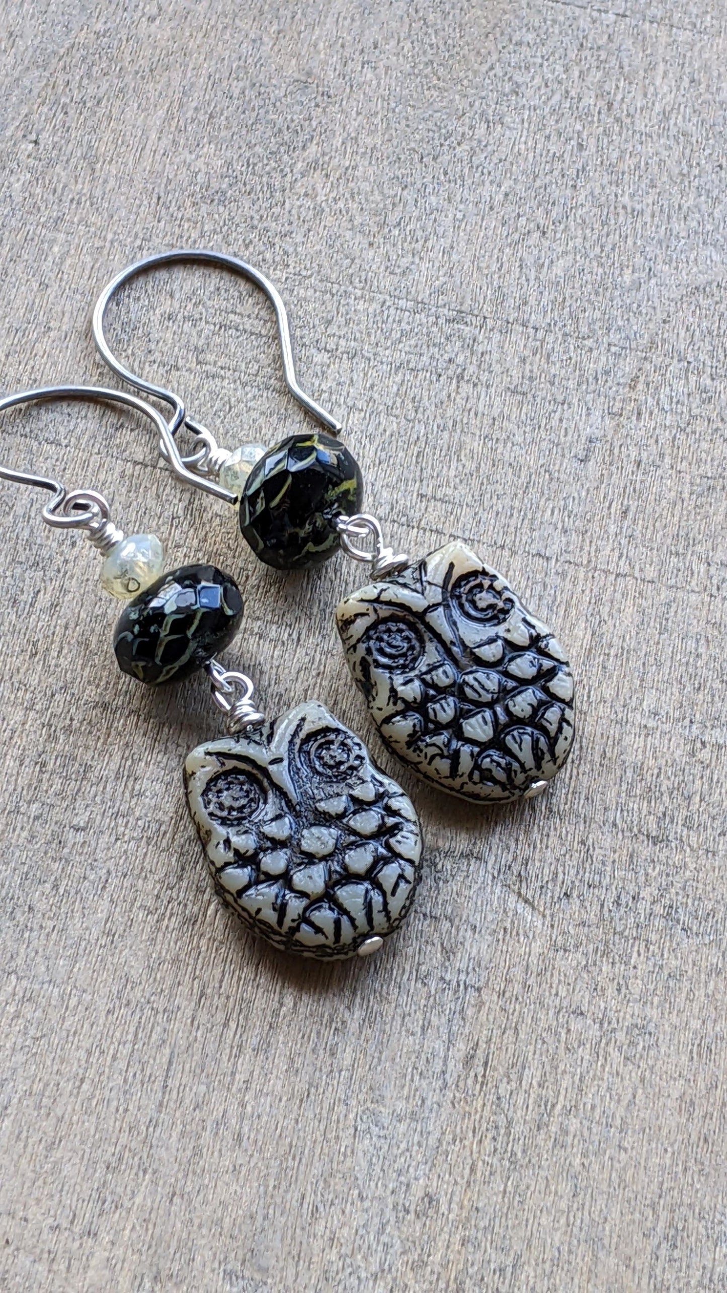 Owl Earrings ~ Black and Cream Glass