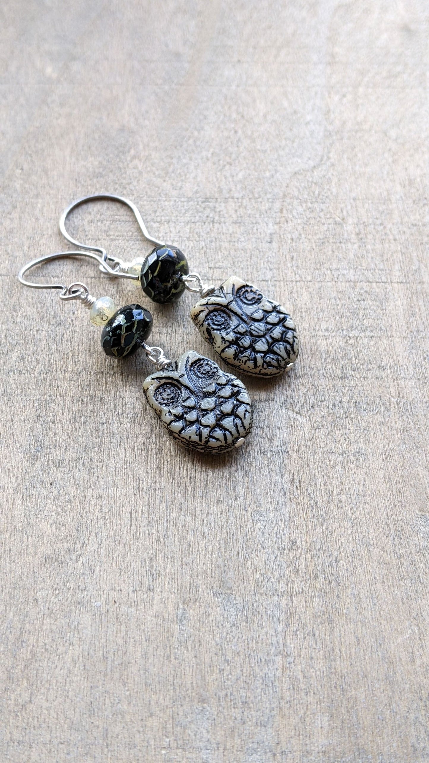 Owl Earrings ~ Black and Cream Glass