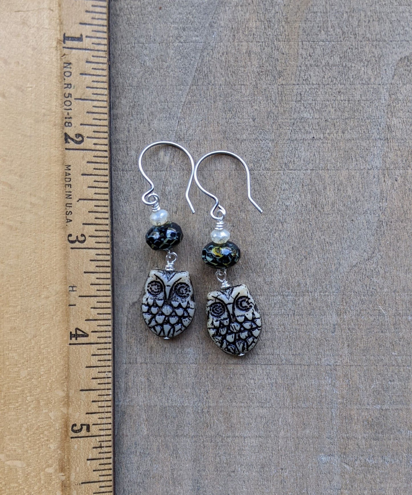 Owl Earrings ~ Black and Cream Glass