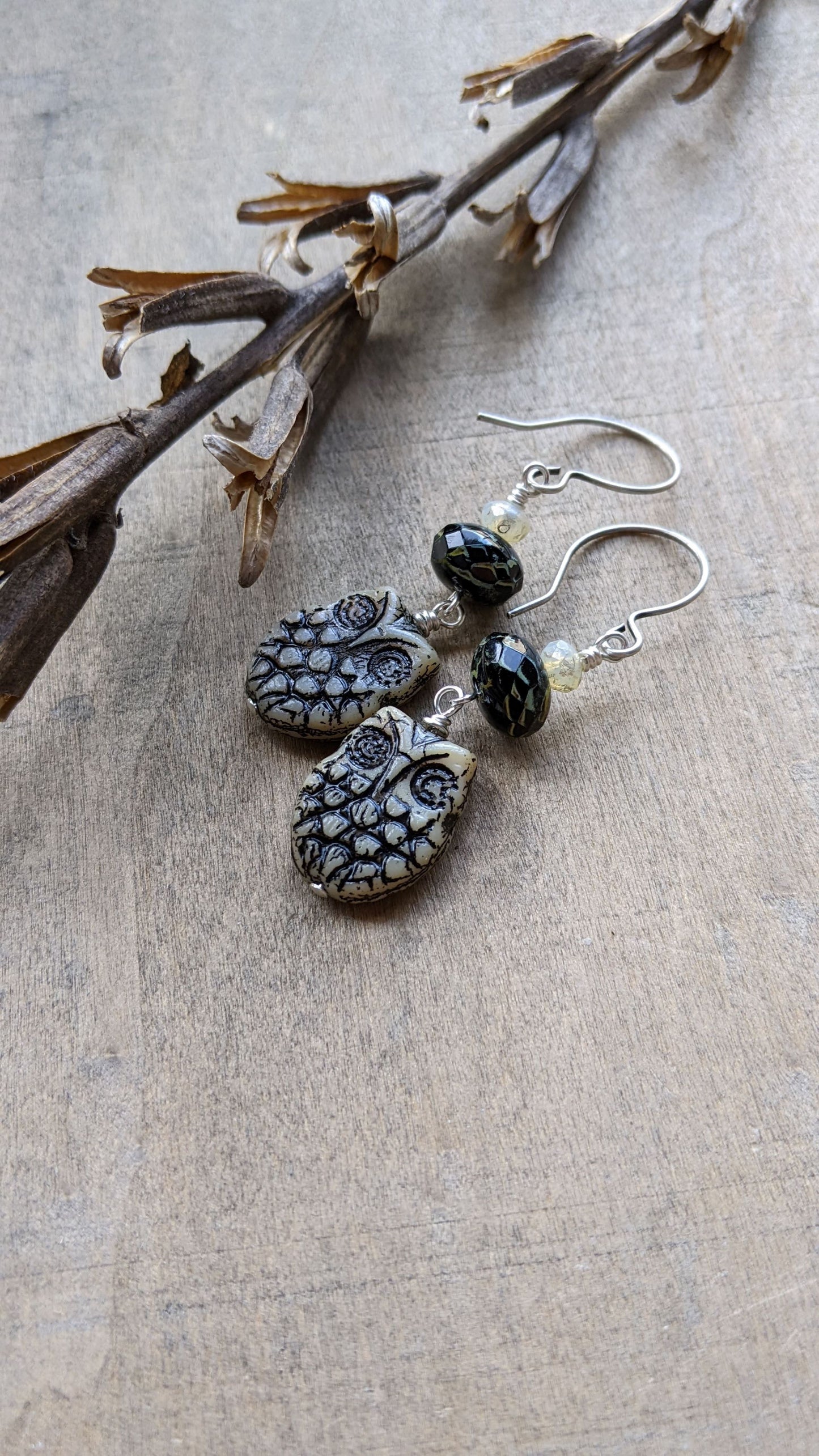 Owl Earrings ~ Black and Cream Glass