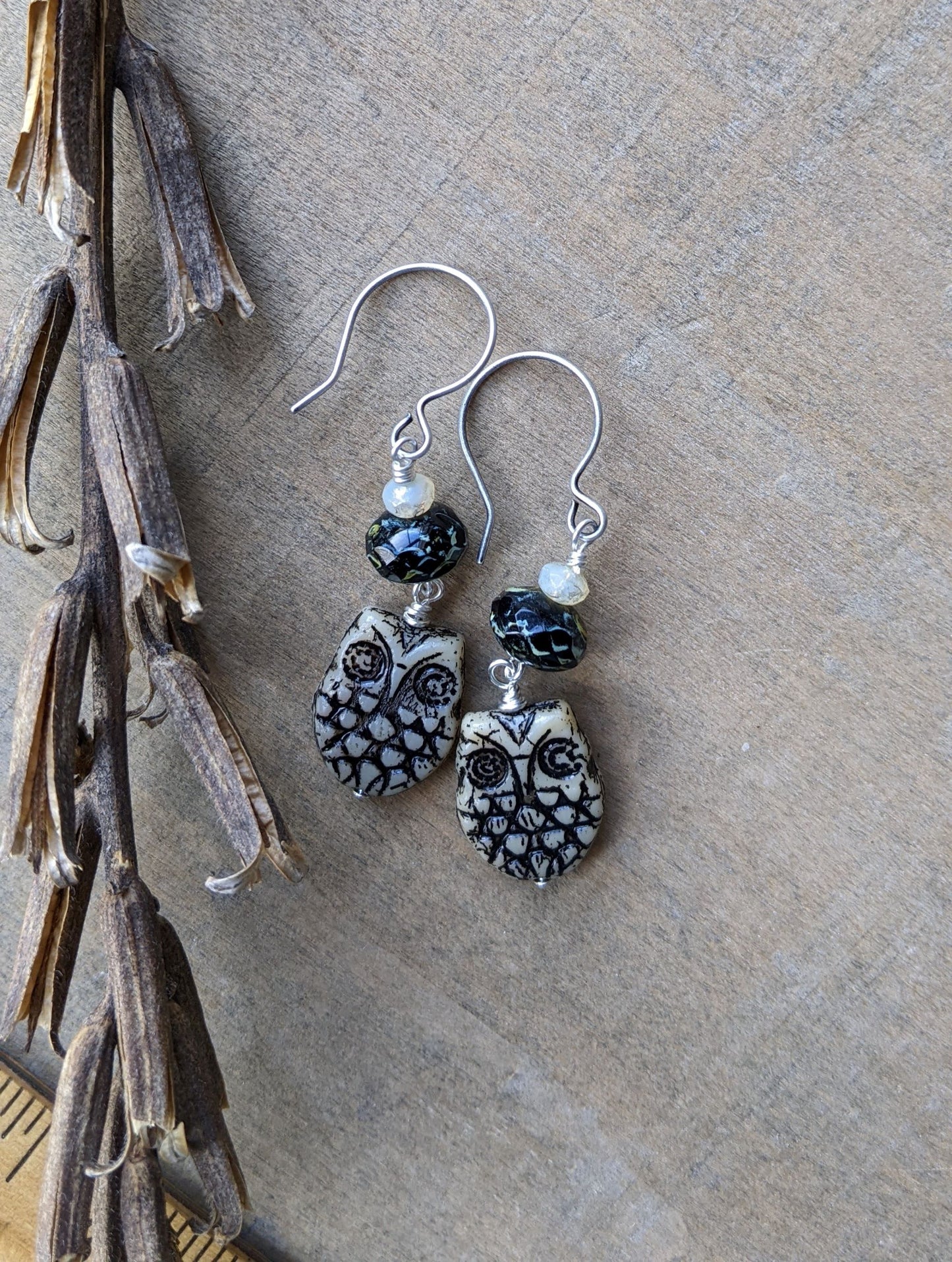 Owl Earrings ~ Black and Cream Glass