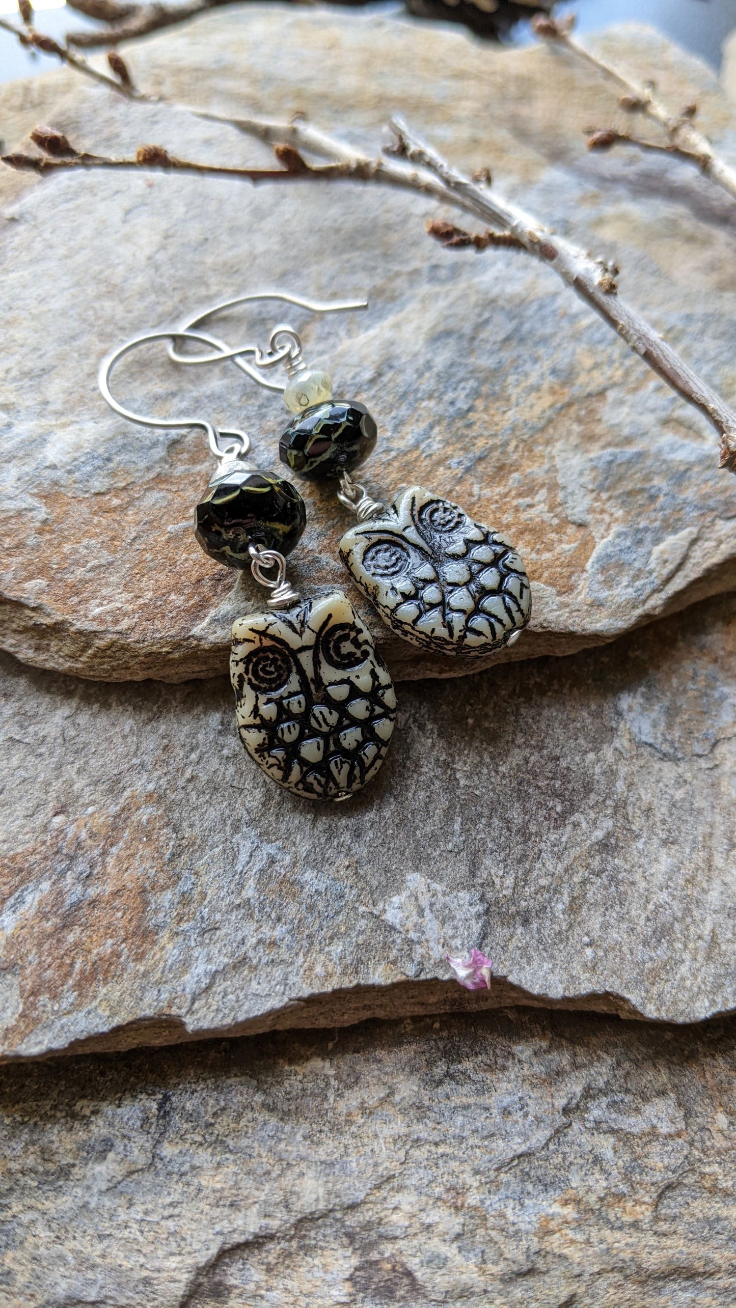 Owl Earrings ~ Black and Cream Glass