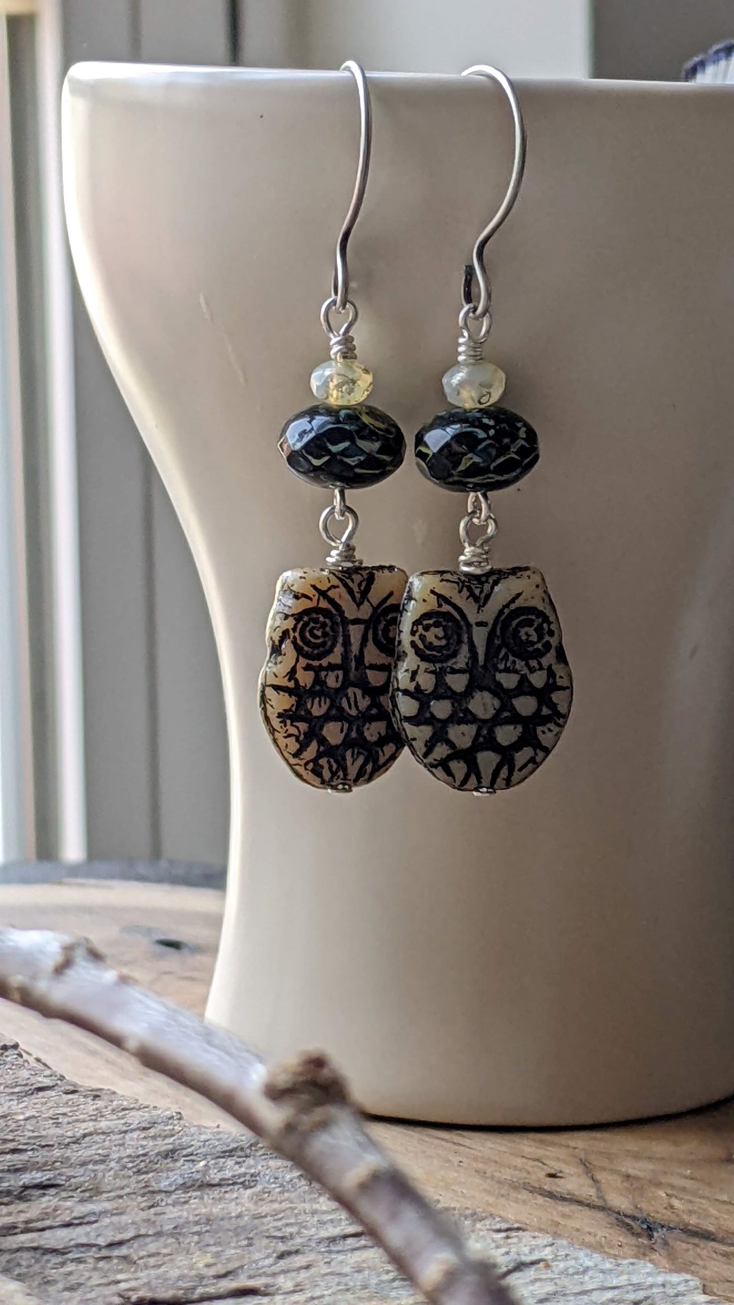 Owl Earrings ~ Black and Cream Glass