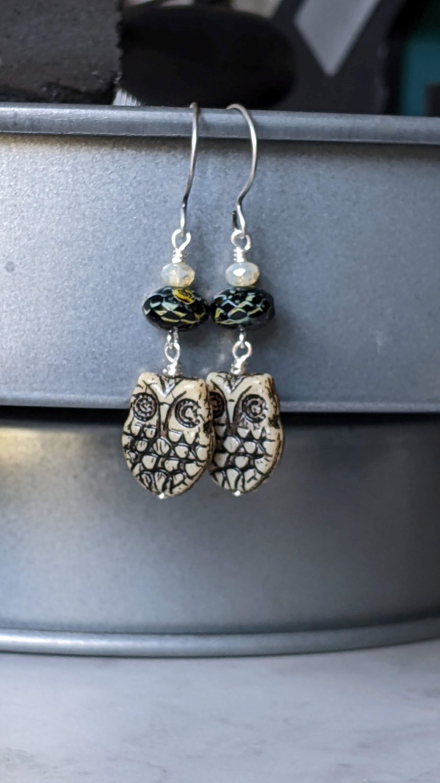 Owl Earrings ~ Black and Cream Glass