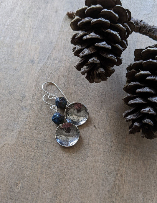 Hammered Silver Disc Earrings ~ Midnight Blue Glass