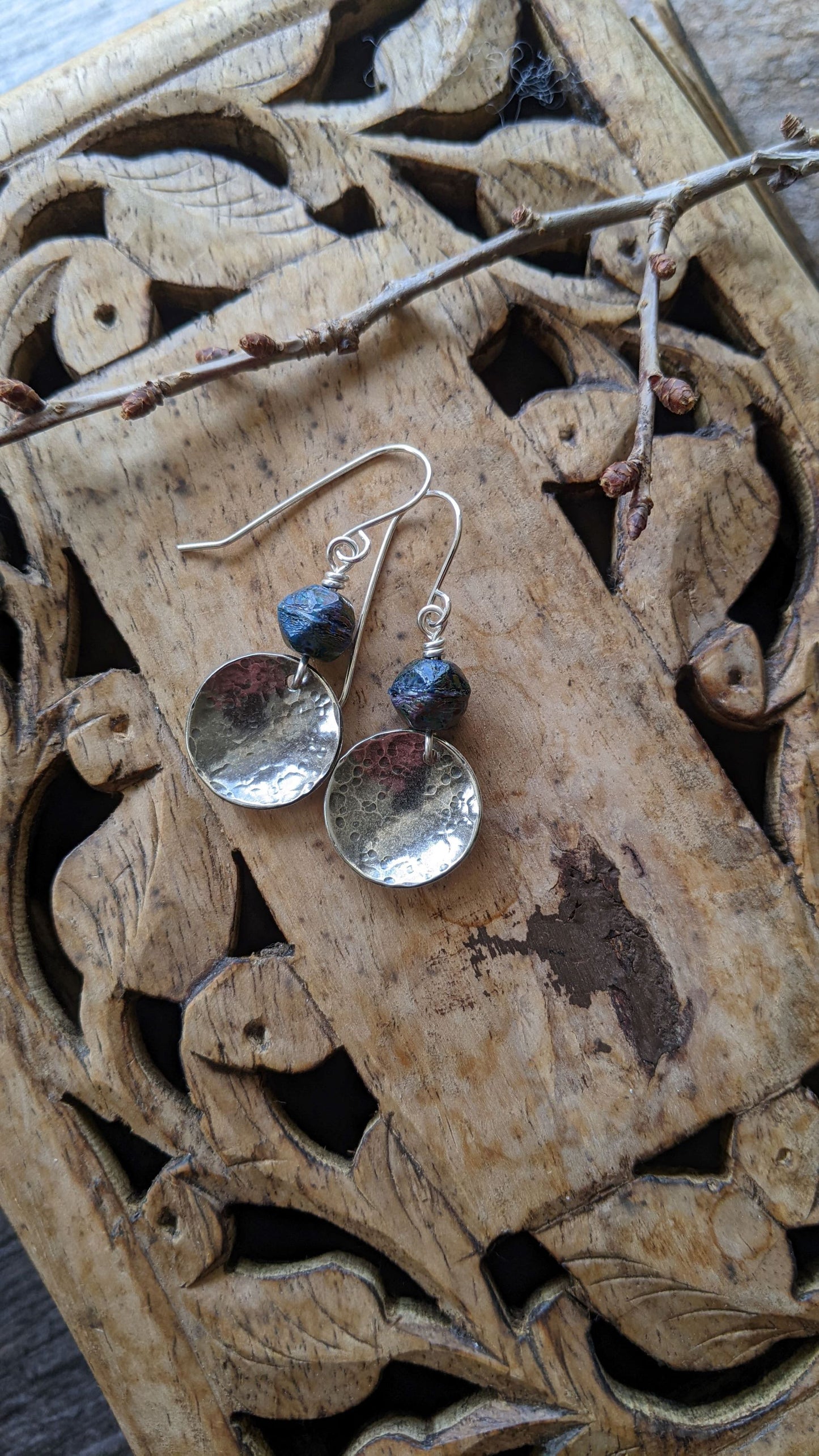 Hammered Silver Disc Earrings ~ Midnight Blue Glass