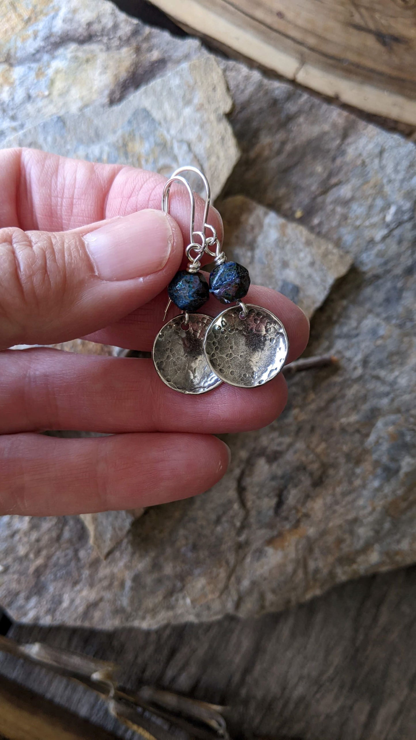 Hammered Silver Disc Earrings ~ Midnight Blue Glass