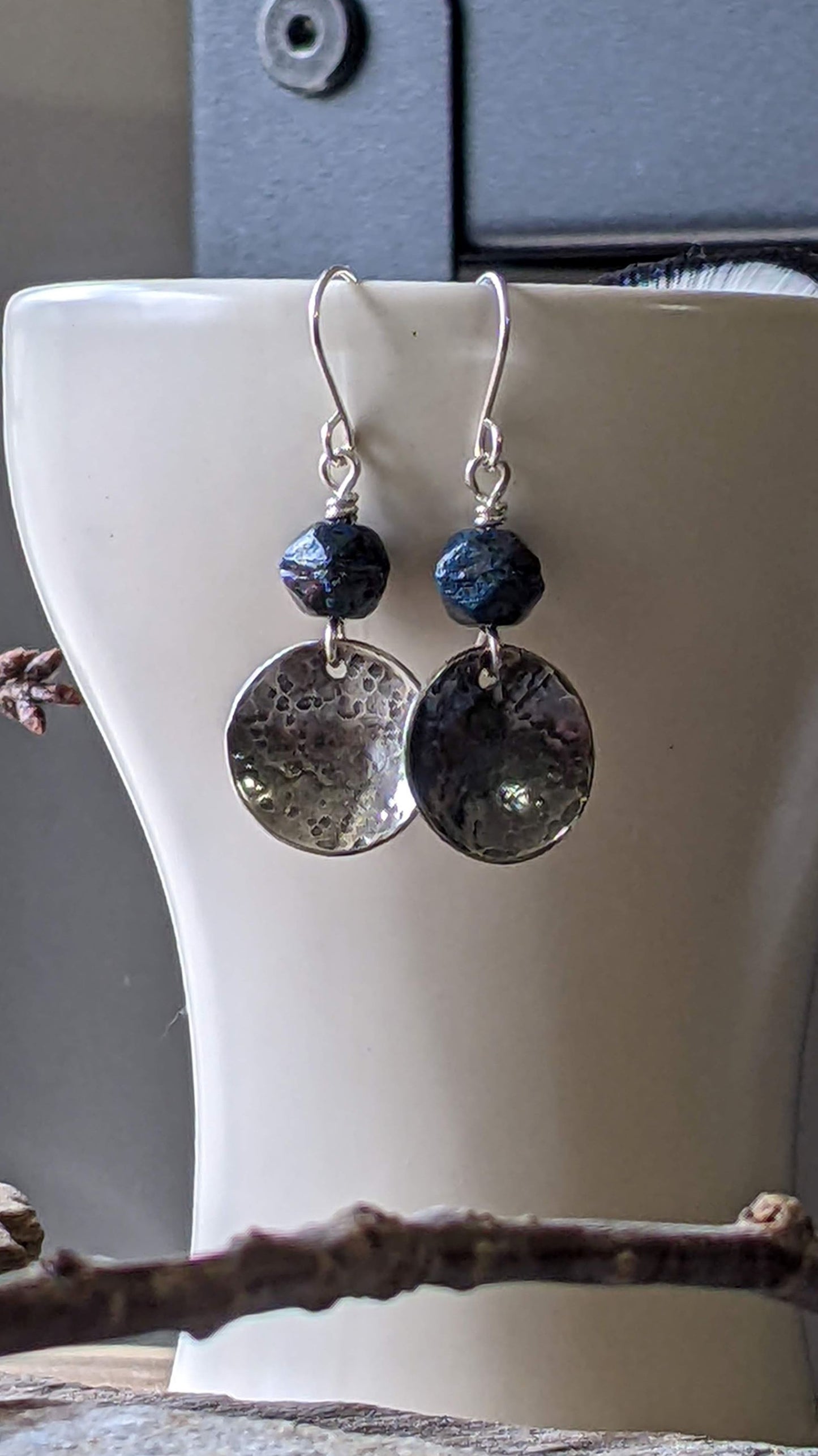 Hammered Silver Disc Earrings ~ Midnight Blue Glass