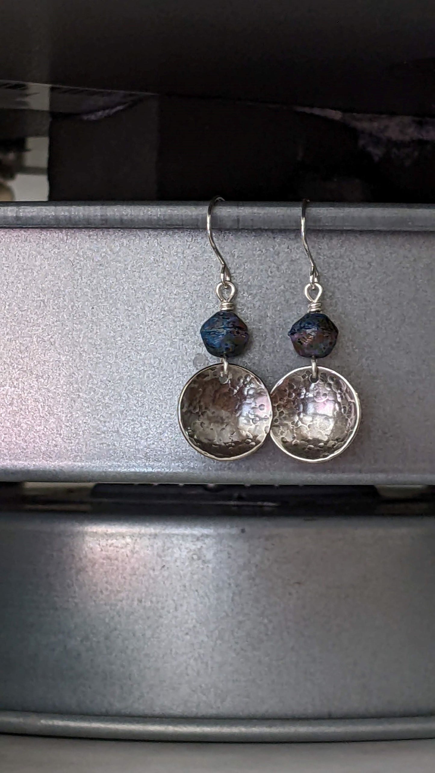 Hammered Silver Disc Earrings ~ Midnight Blue Glass