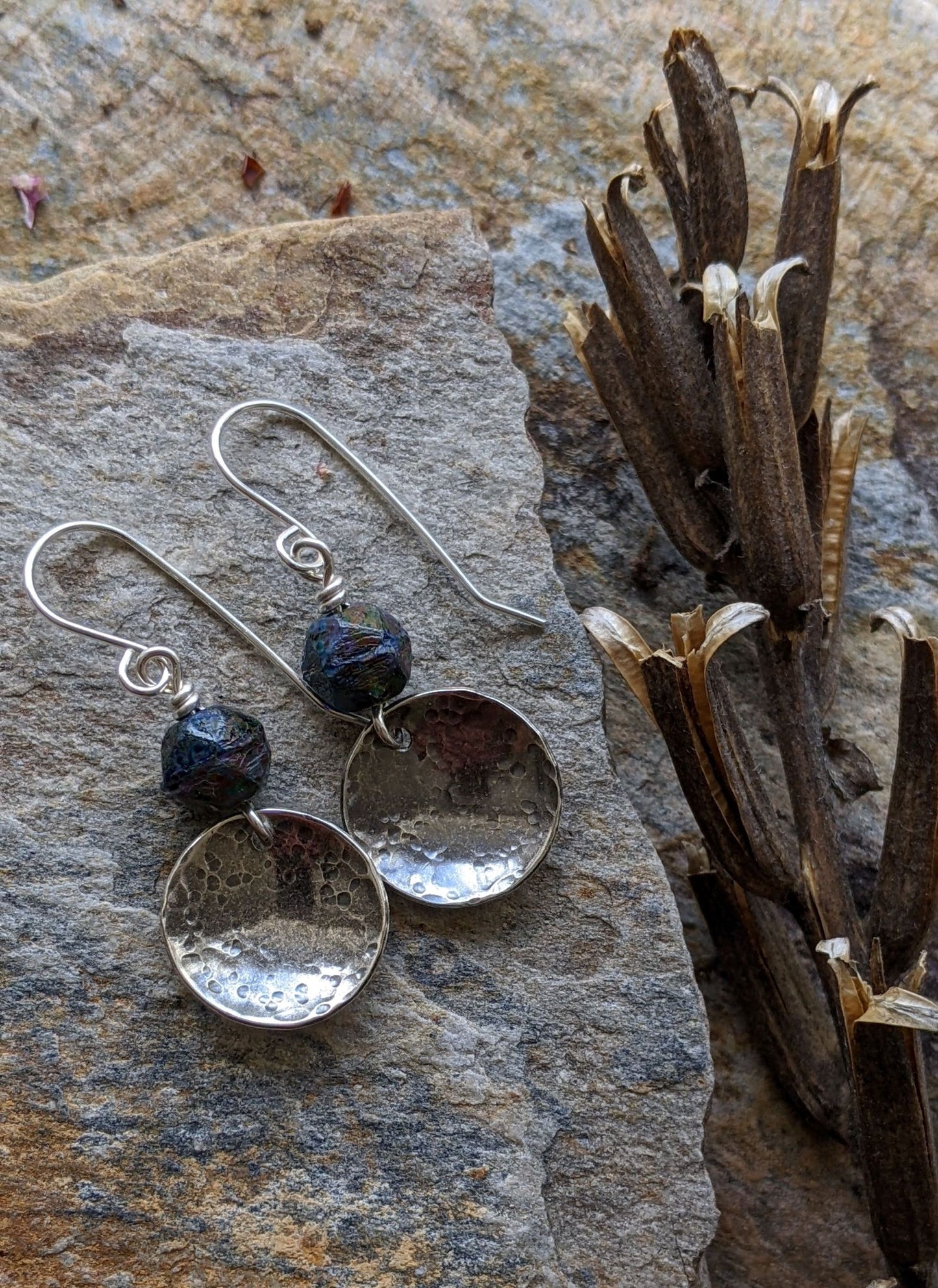 Hammered Silver Disc Earrings ~ Midnight Blue Glass
