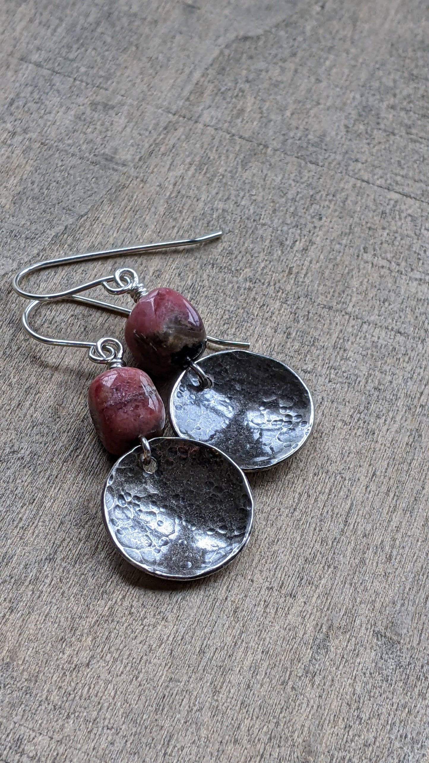 Hammered Silver Disc Earrings ~ Rhodochrosite