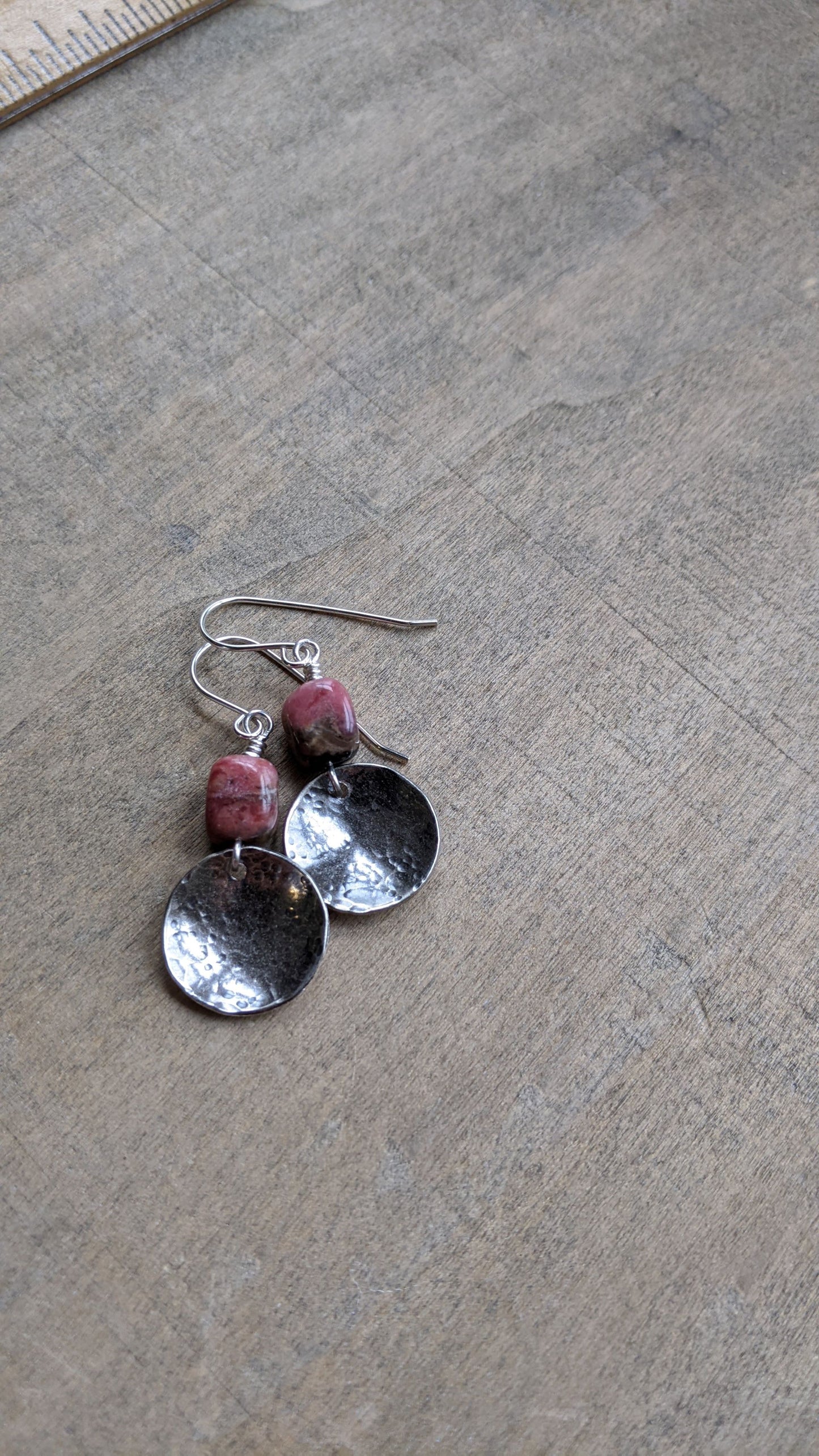 Hammered Silver Disc Earrings ~ Rhodochrosite