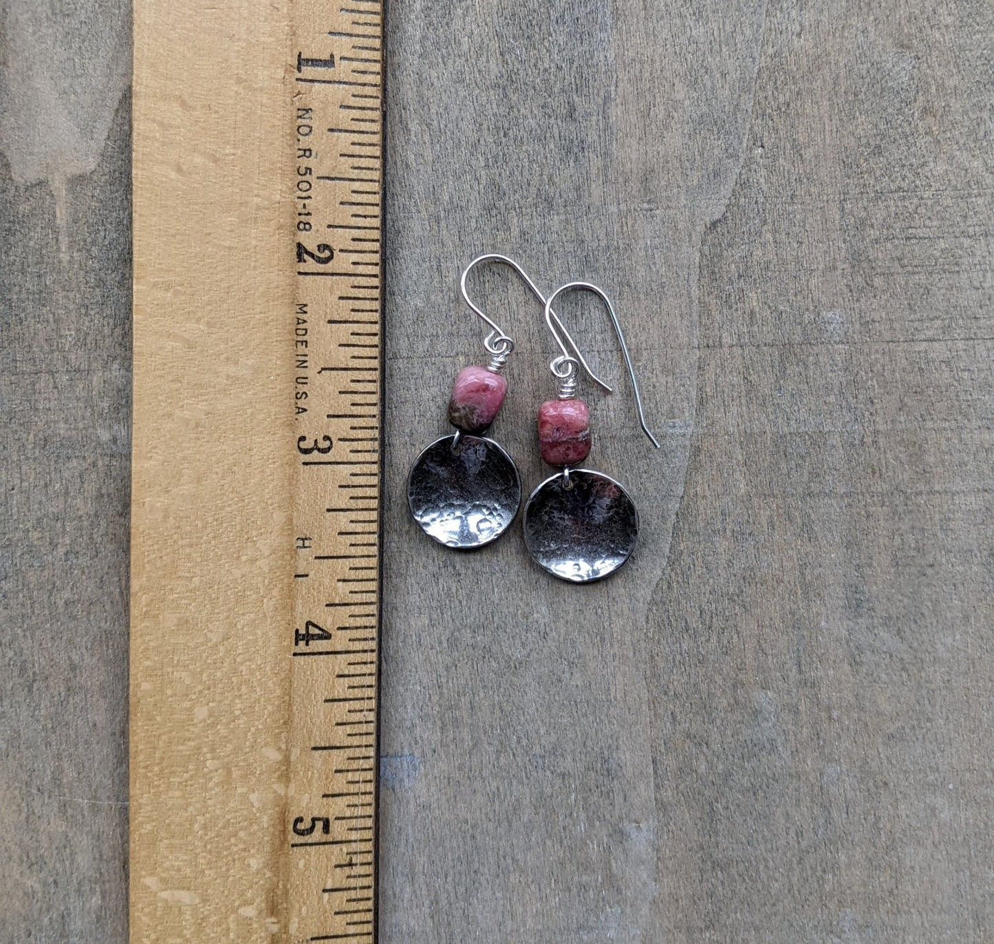 Hammered Silver Disc Earrings ~ Rhodochrosite