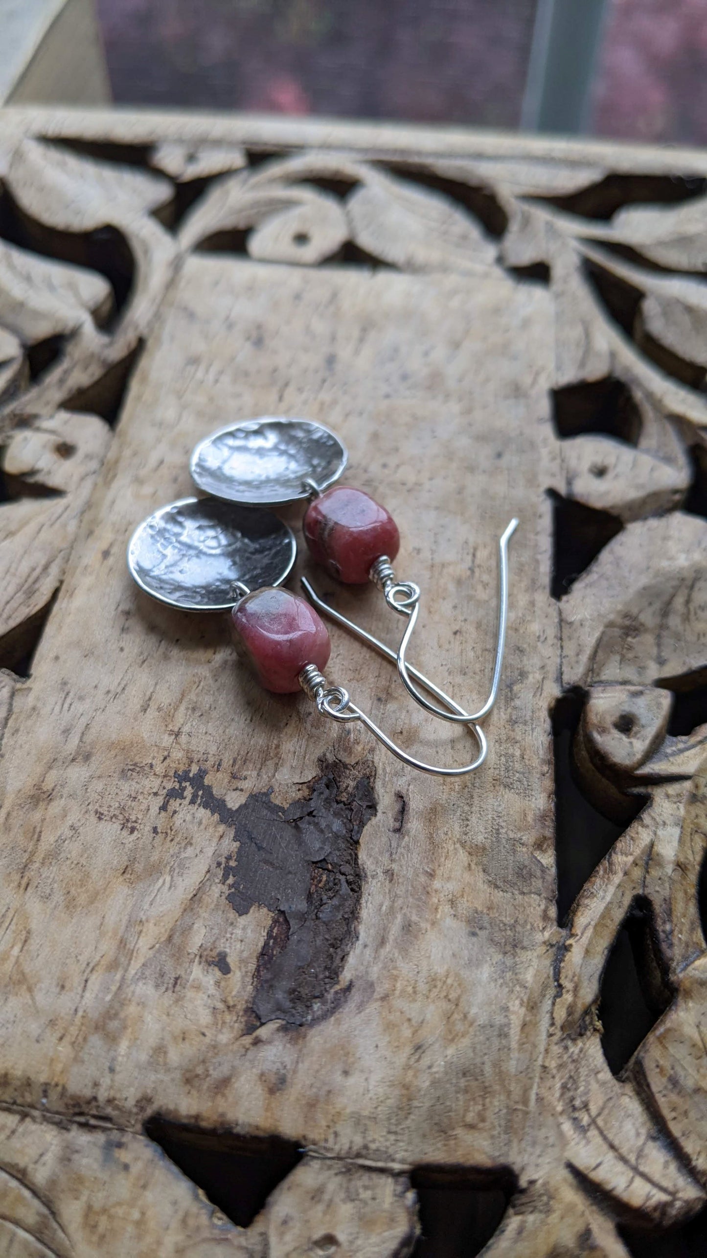 Hammered Silver Disc Earrings ~ Rhodochrosite