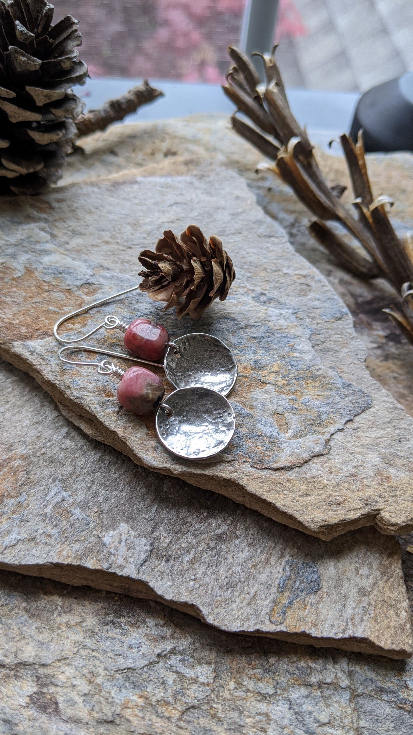 Hammered Silver Disc Earrings ~ Rhodochrosite