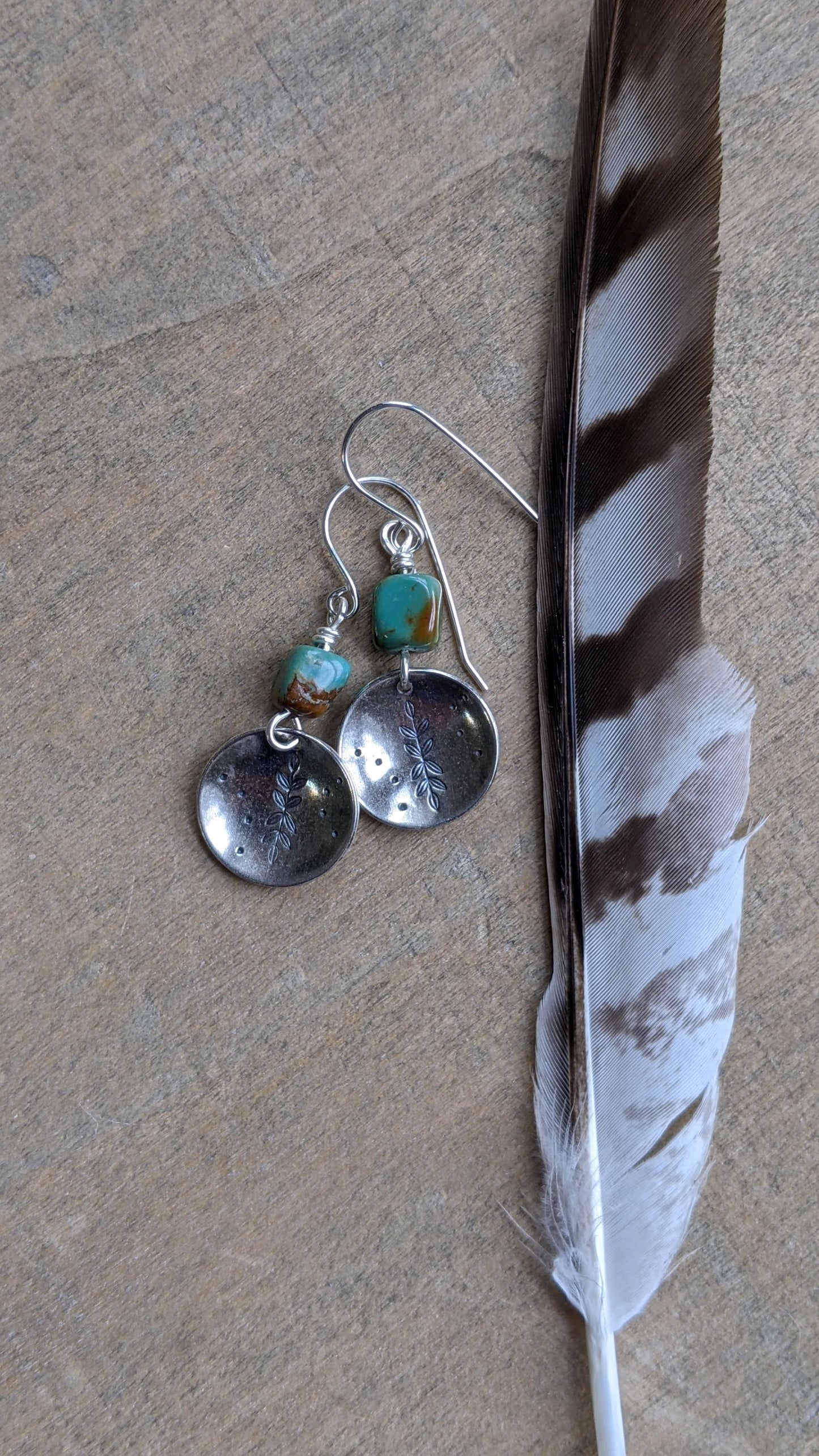 Stamped Silver Disc Earrings ~ Turquoise