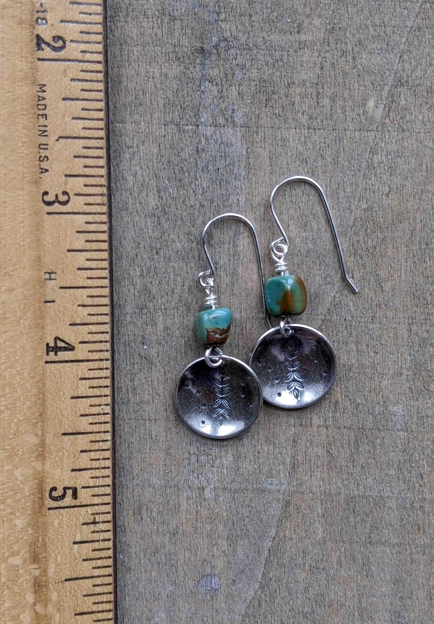 Stamped Silver Disc Earrings ~ Turquoise