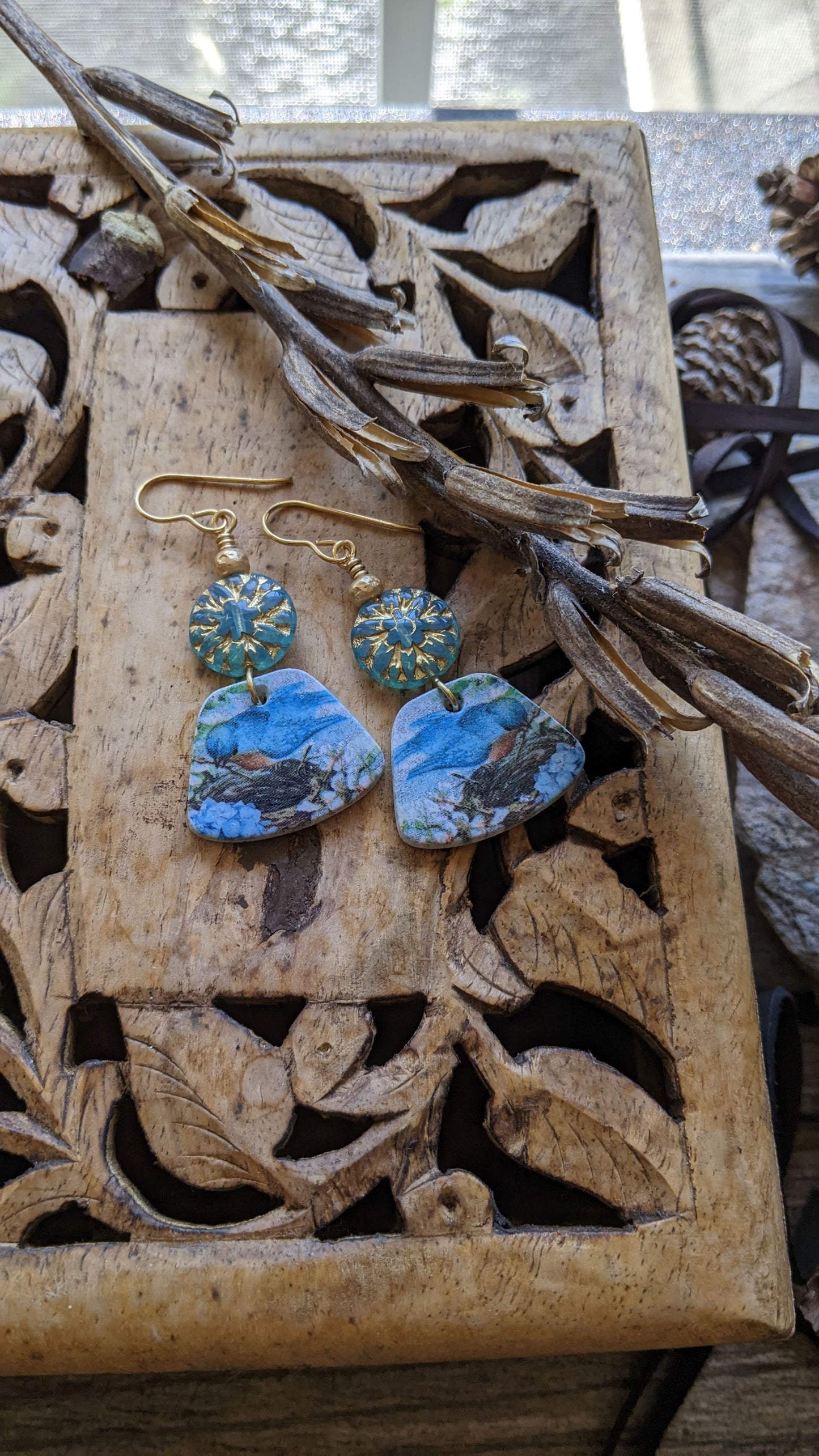 Bird Earrings Polymer Clay ~ Blue Glass