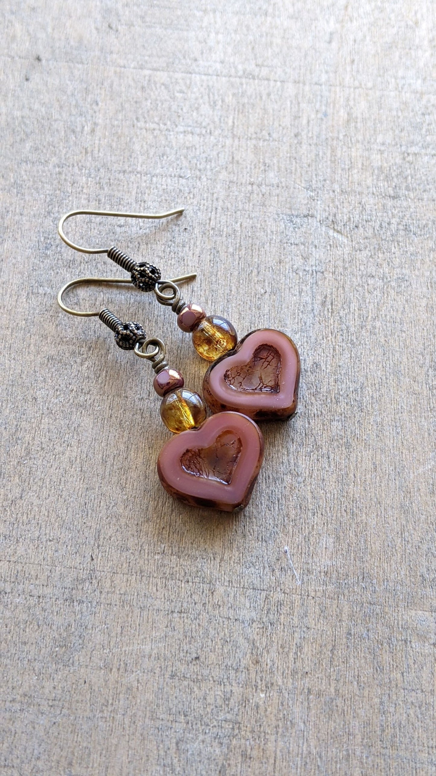 Heart Earrings ~ Pink Glass and Brass