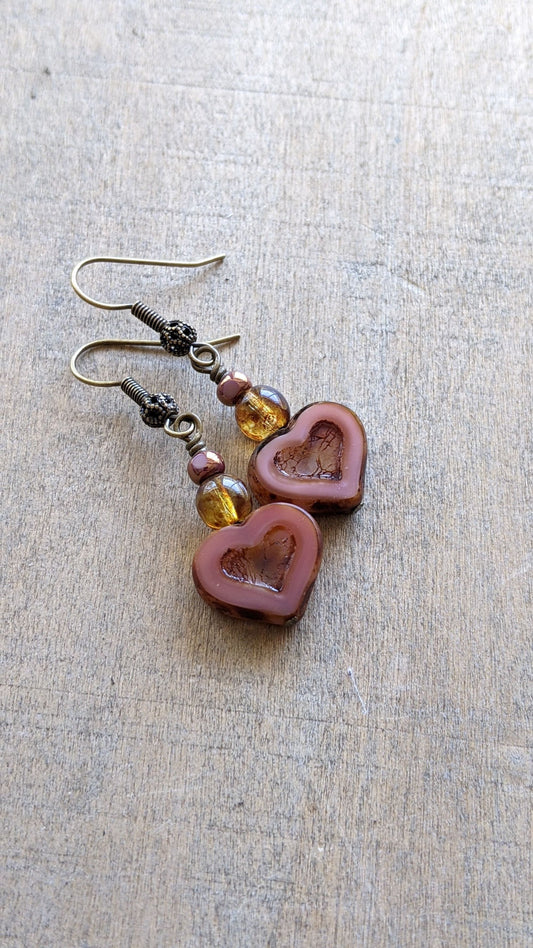 Heart Earrings ~ Pink Glass and Brass
